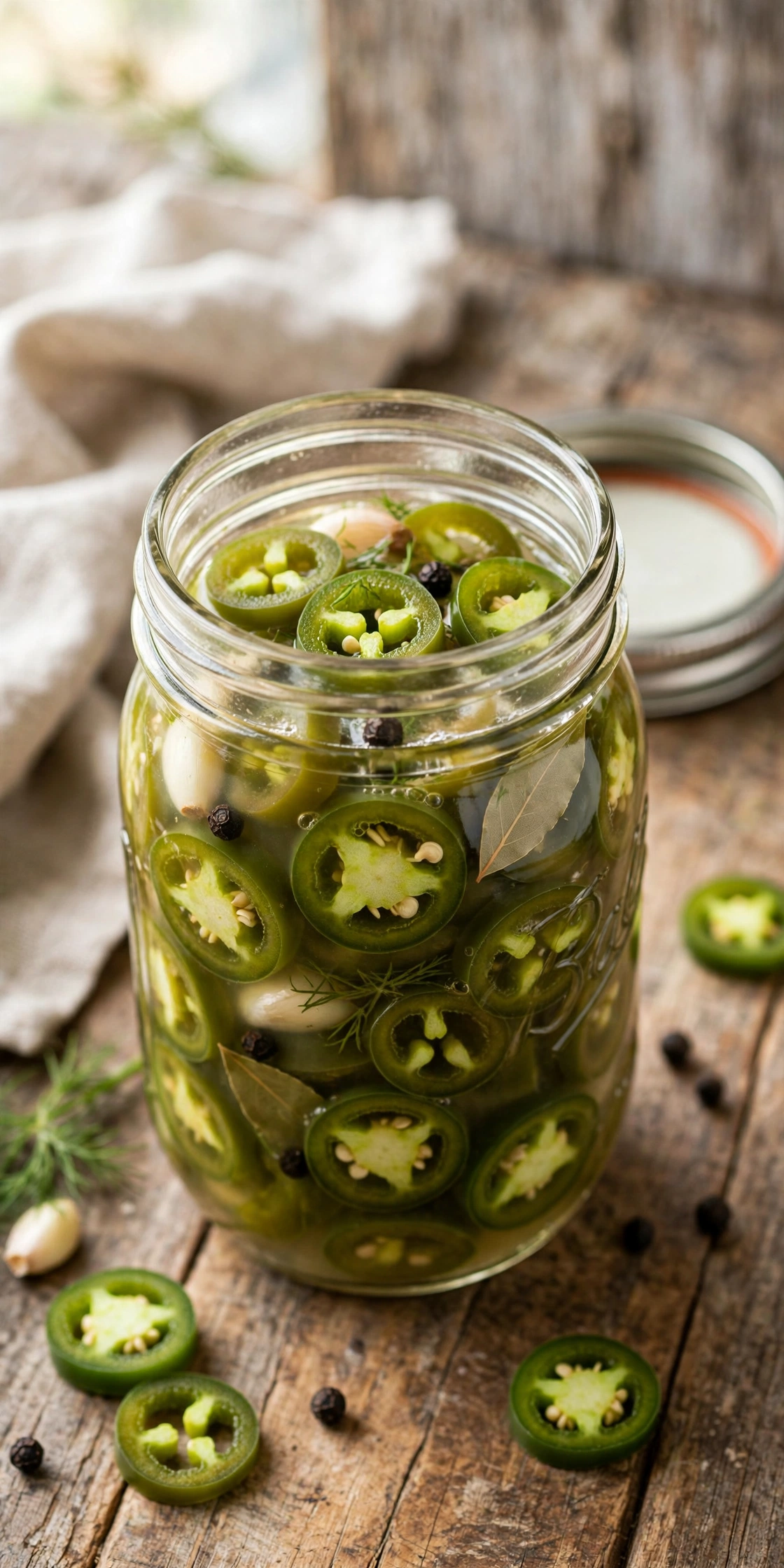 Close-up view of fermented jalapenos in a jar, sliced green peppers with garlic in cloudy brine
