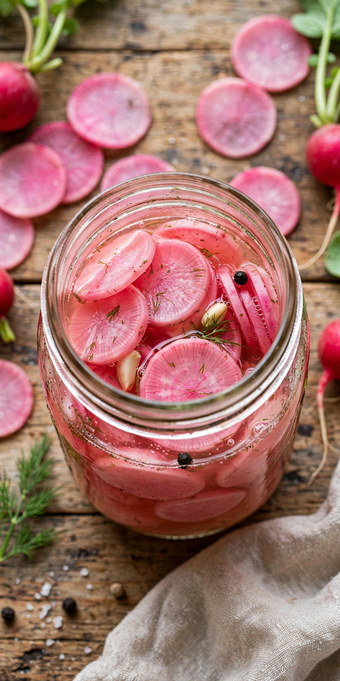 Side view of fermented radishes in a jar, pink and white sliced radishes in brine with dill