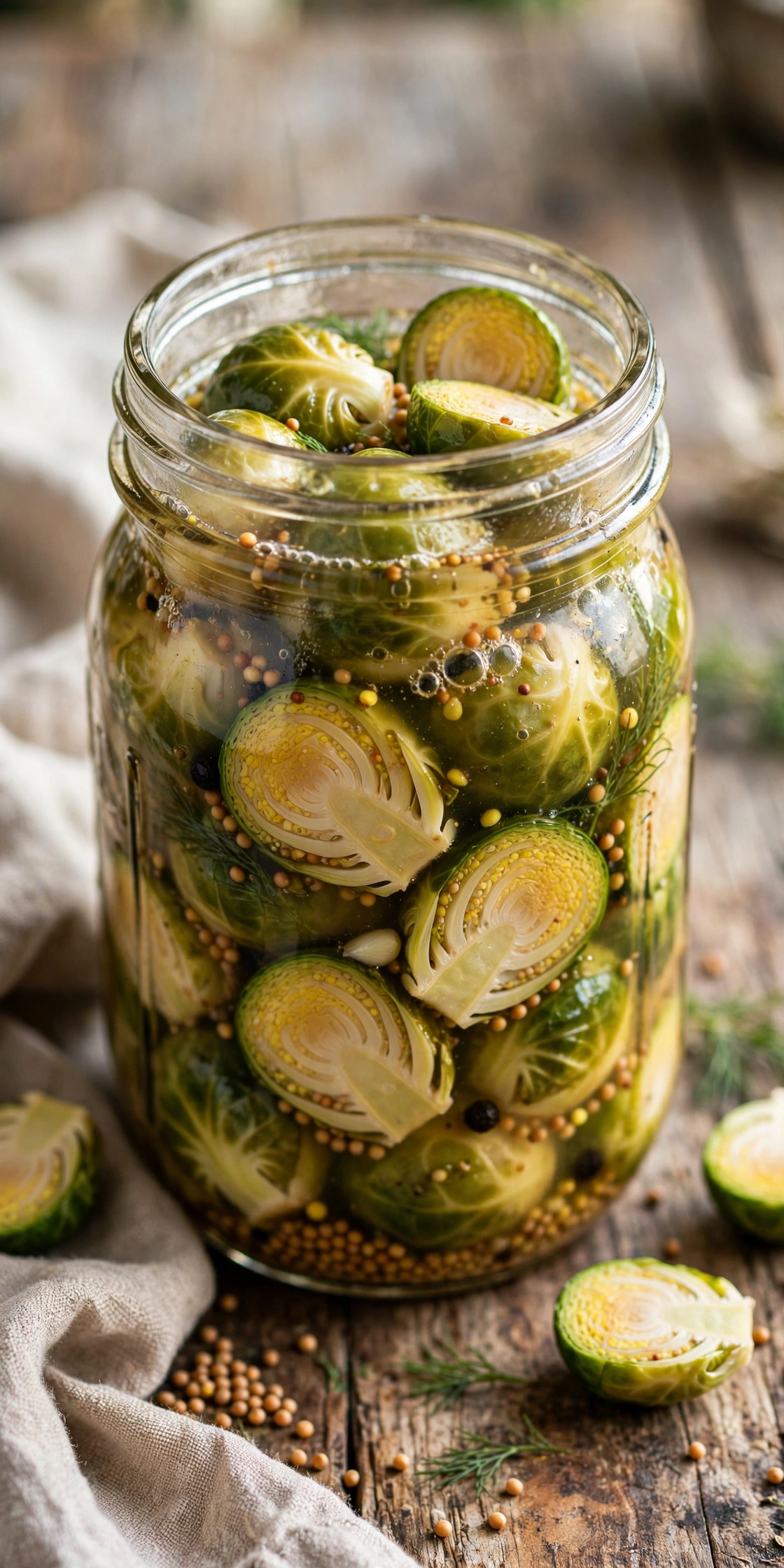 Overhead view of fermented Brussels sprouts in a jar, halved sprouts with mustard seeds in brine
