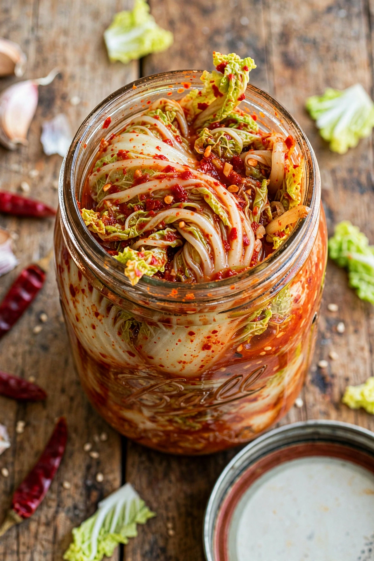 Close-up view of fermented napa cabbage in a jar, tender salted cabbage leaves in light brine