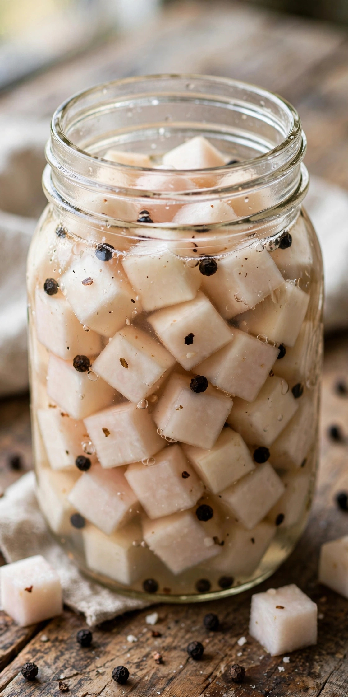 Side view of fermented turnips in a jar, white and purple turnip sticks in brine with bay leaves