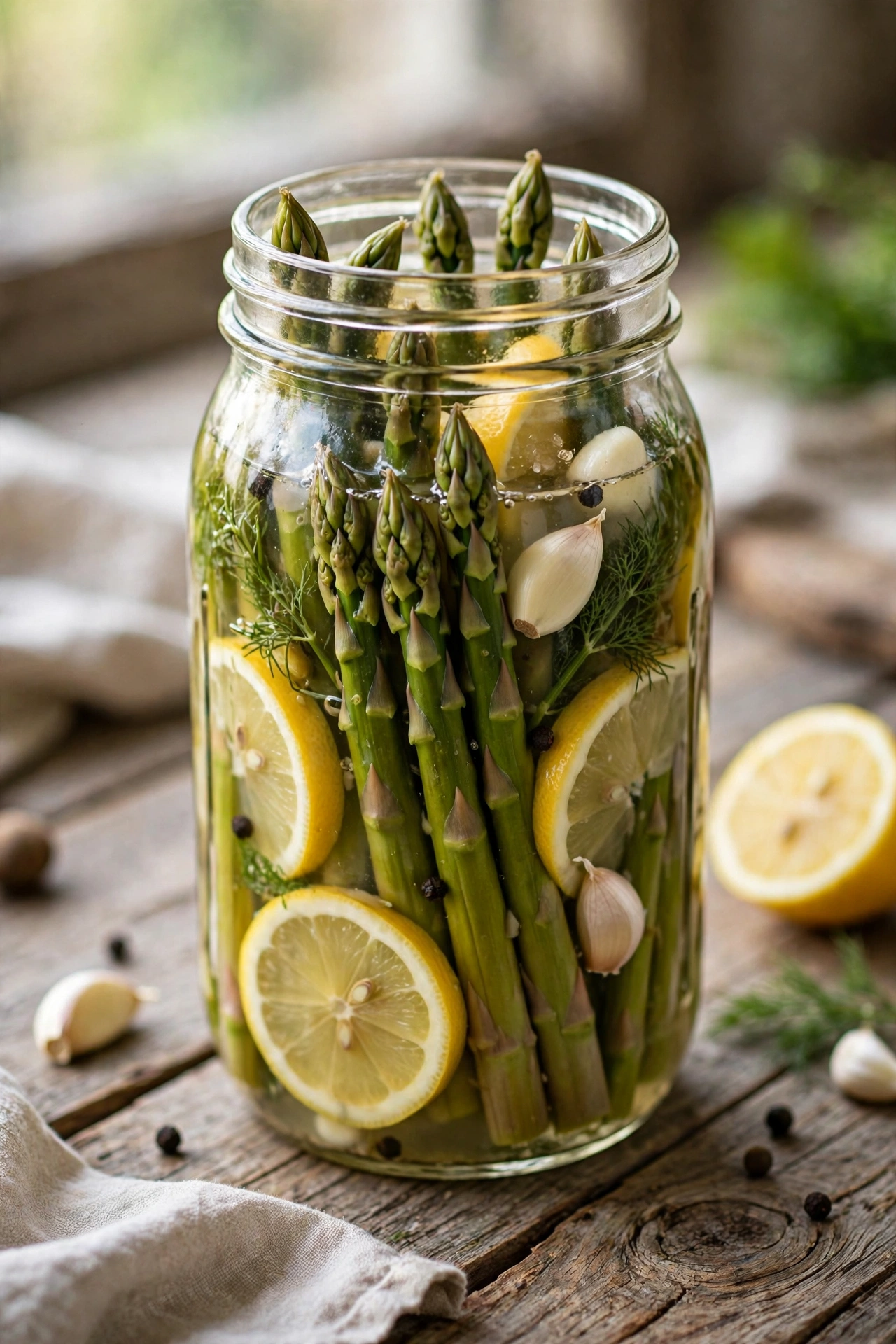 Overhead view of fermented asparagus in a jar, green spears with lemon peel and garlic in brine