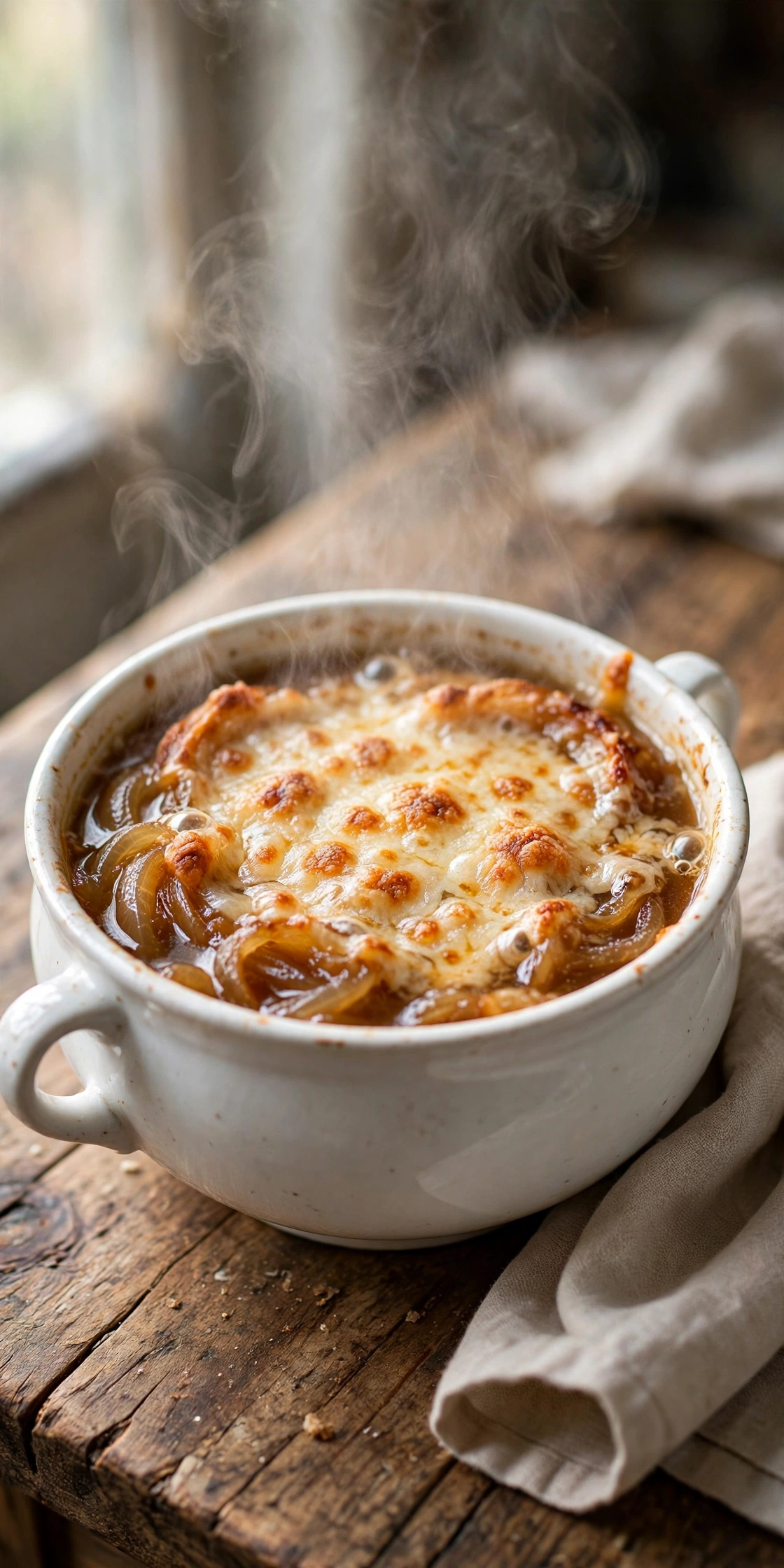Overhead view of classic French onion soup with caramelized onions, rich broth, and melted Gruyere on toasted bread