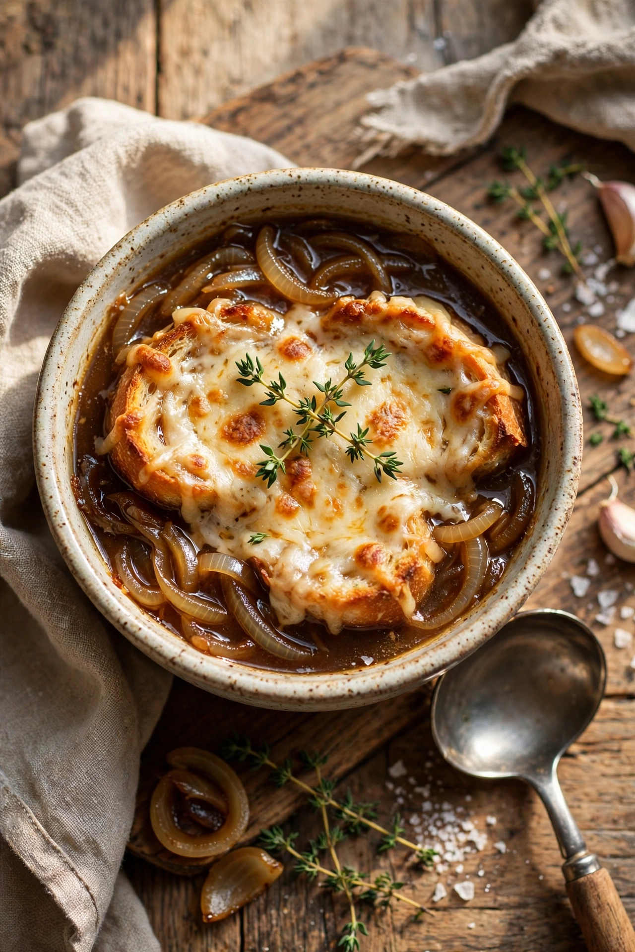 Side view of slow cooker French onion soup with tender onions and melted cheese in a crock