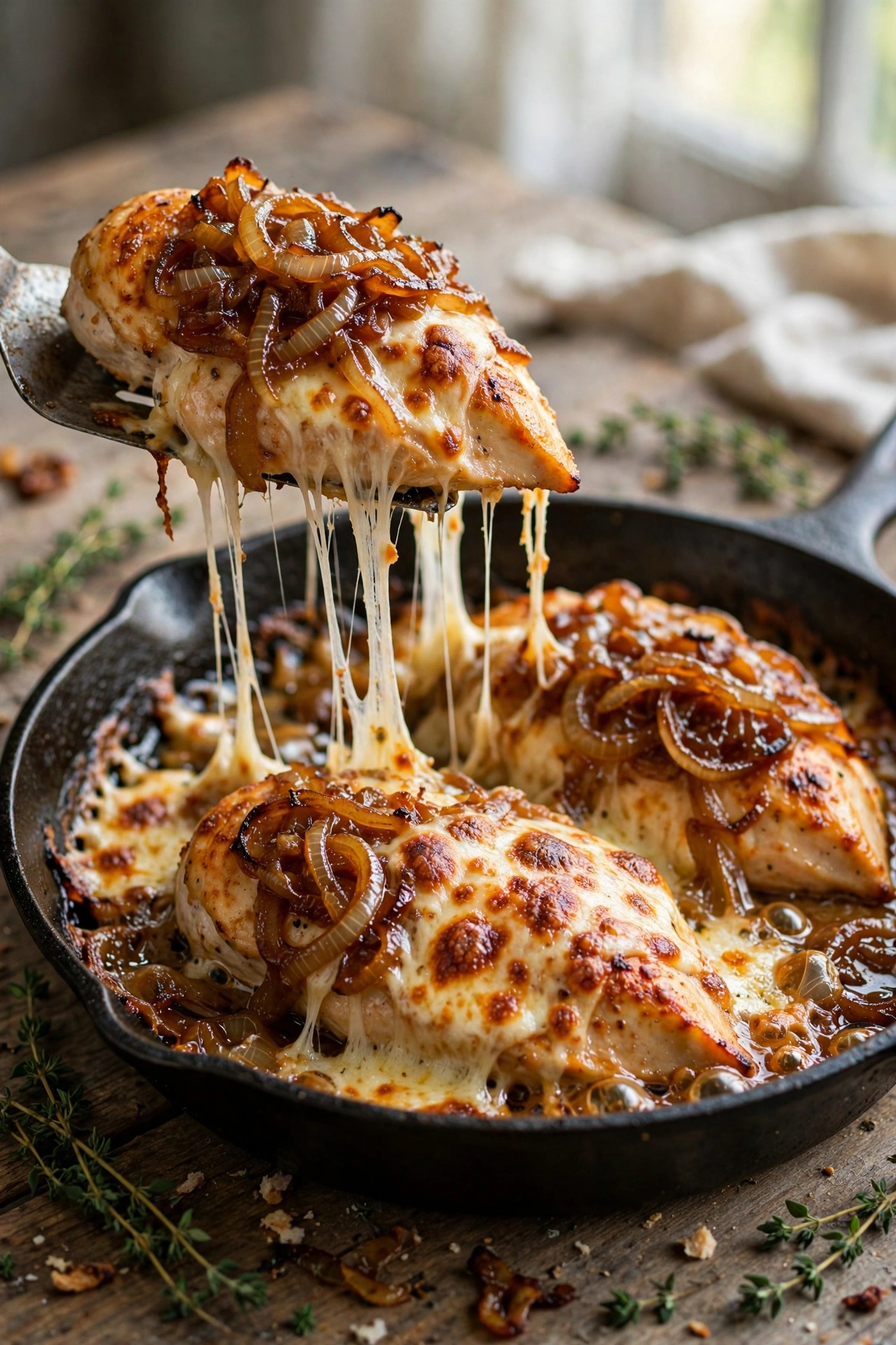 Overhead view of French onion chicken bake with juicy chicken, caramelized onions, and melted Gruyere in a dish
