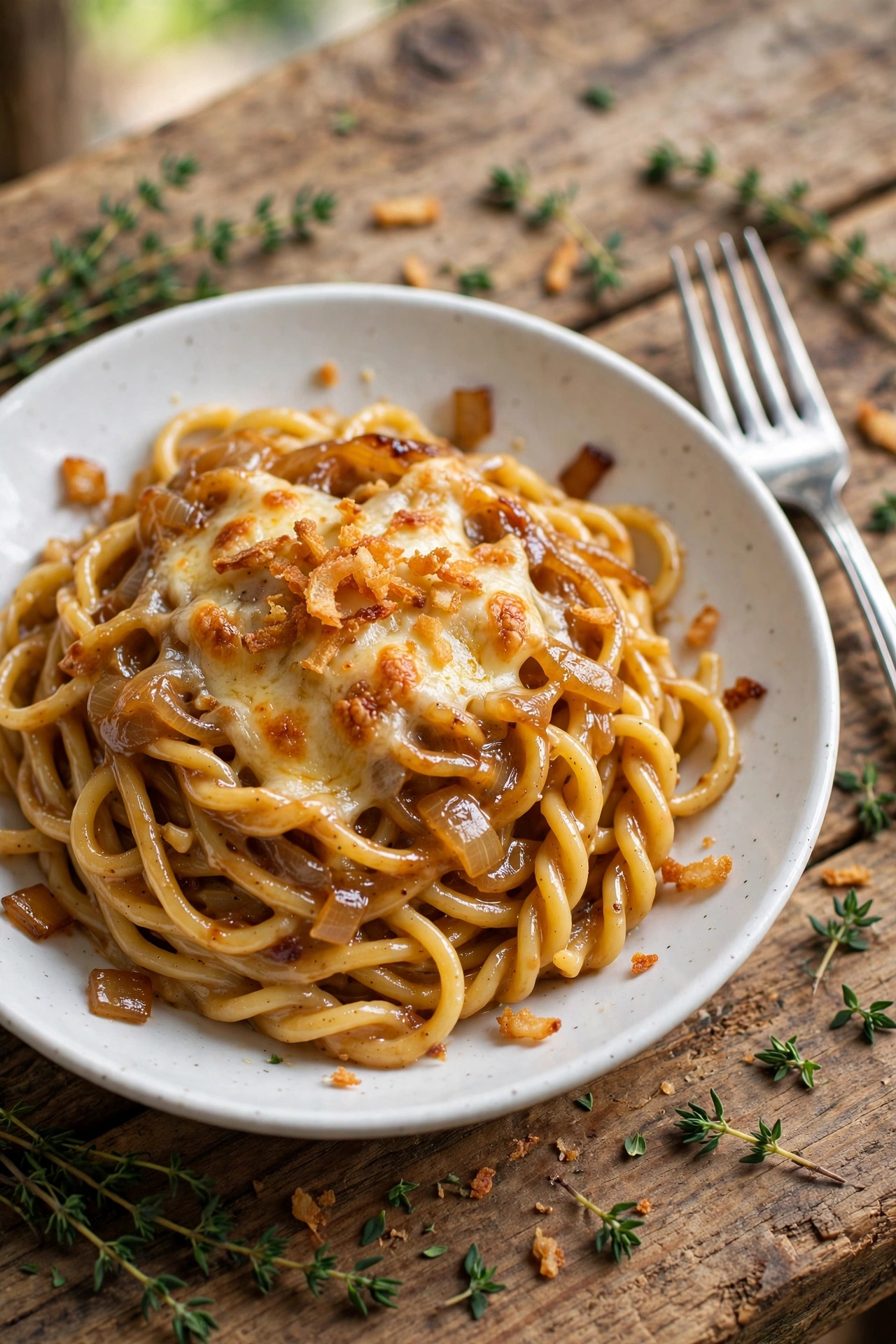Close-up view of French onion pasta with caramelized onions, creamy Gruyere sauce, and fresh thyme