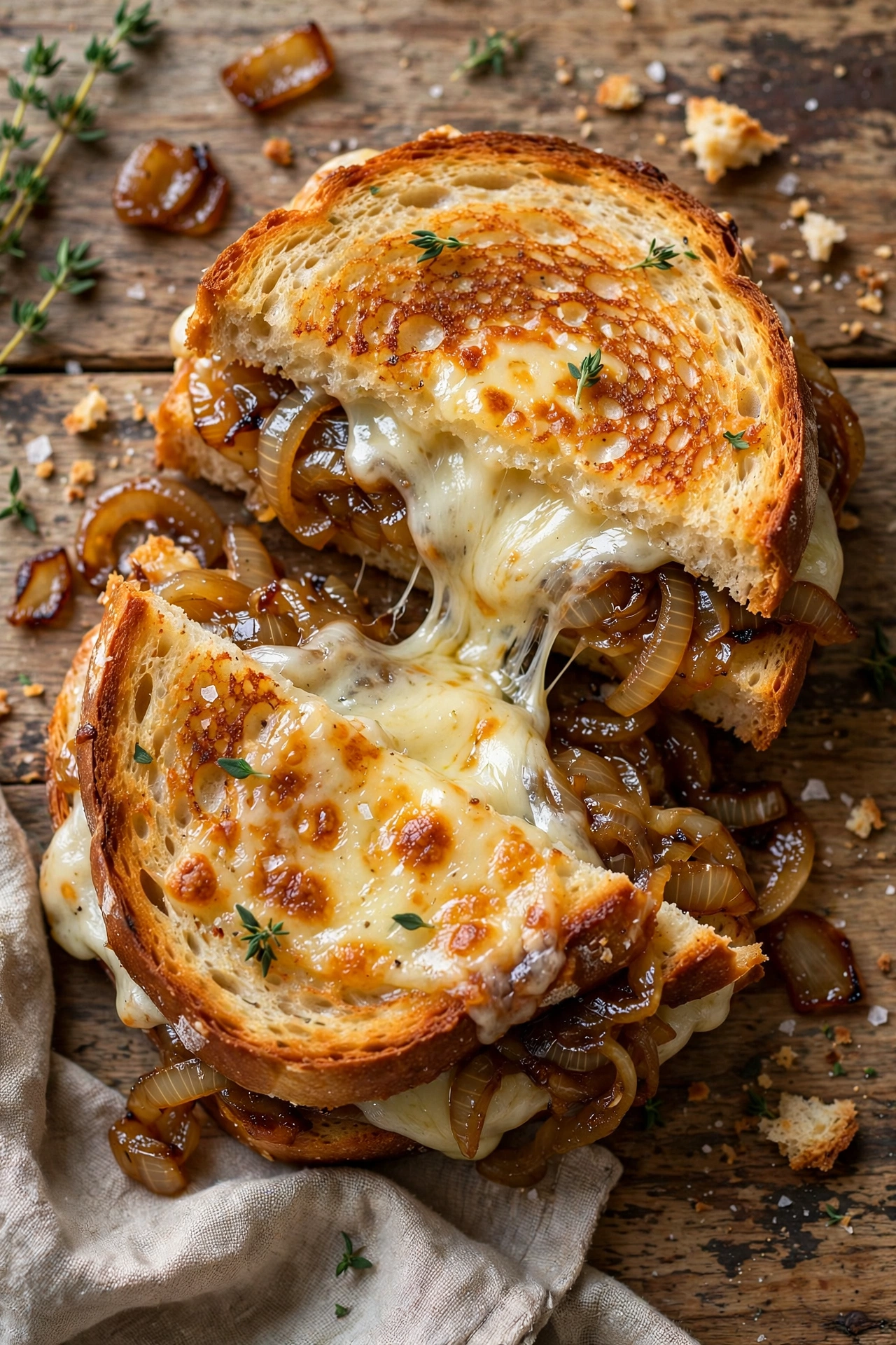 Side view of French onion grilled cheese with caramelized onions and melted Gruyere oozing from toasted bread