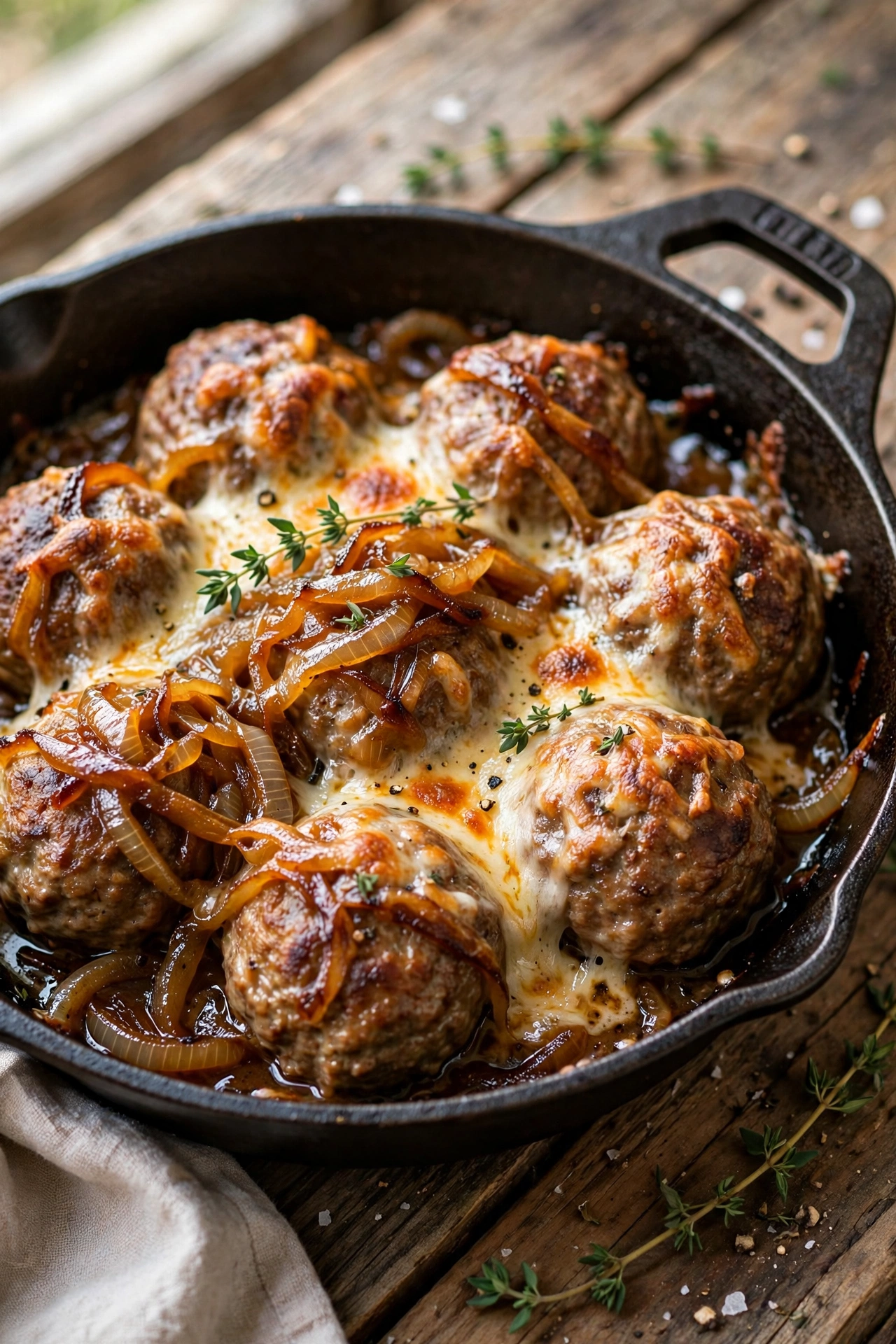 Overhead view of French onion meatballs in rich onion gravy, topped with melted Gruyere and parsley