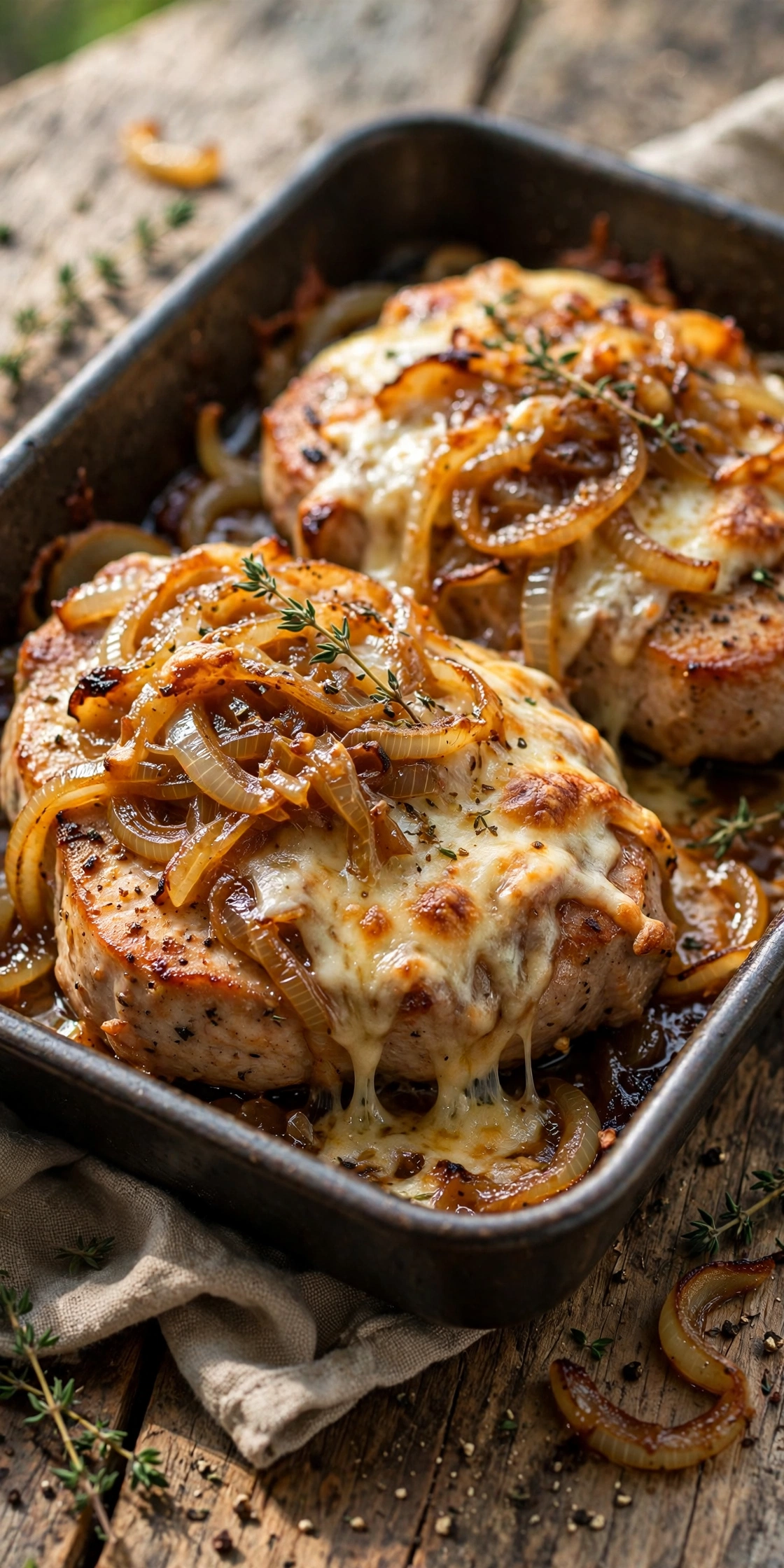 Side view of French onion pork chops with caramelized onions and melted cheese in a skillet