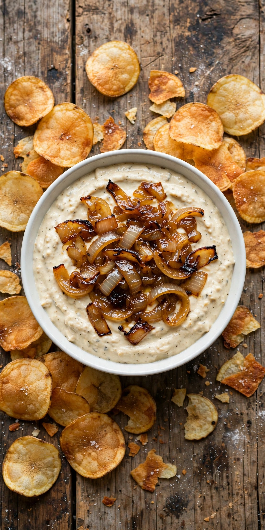 Overhead view of French onion dip with caramelized onions folded into creamy dip, served with chips
