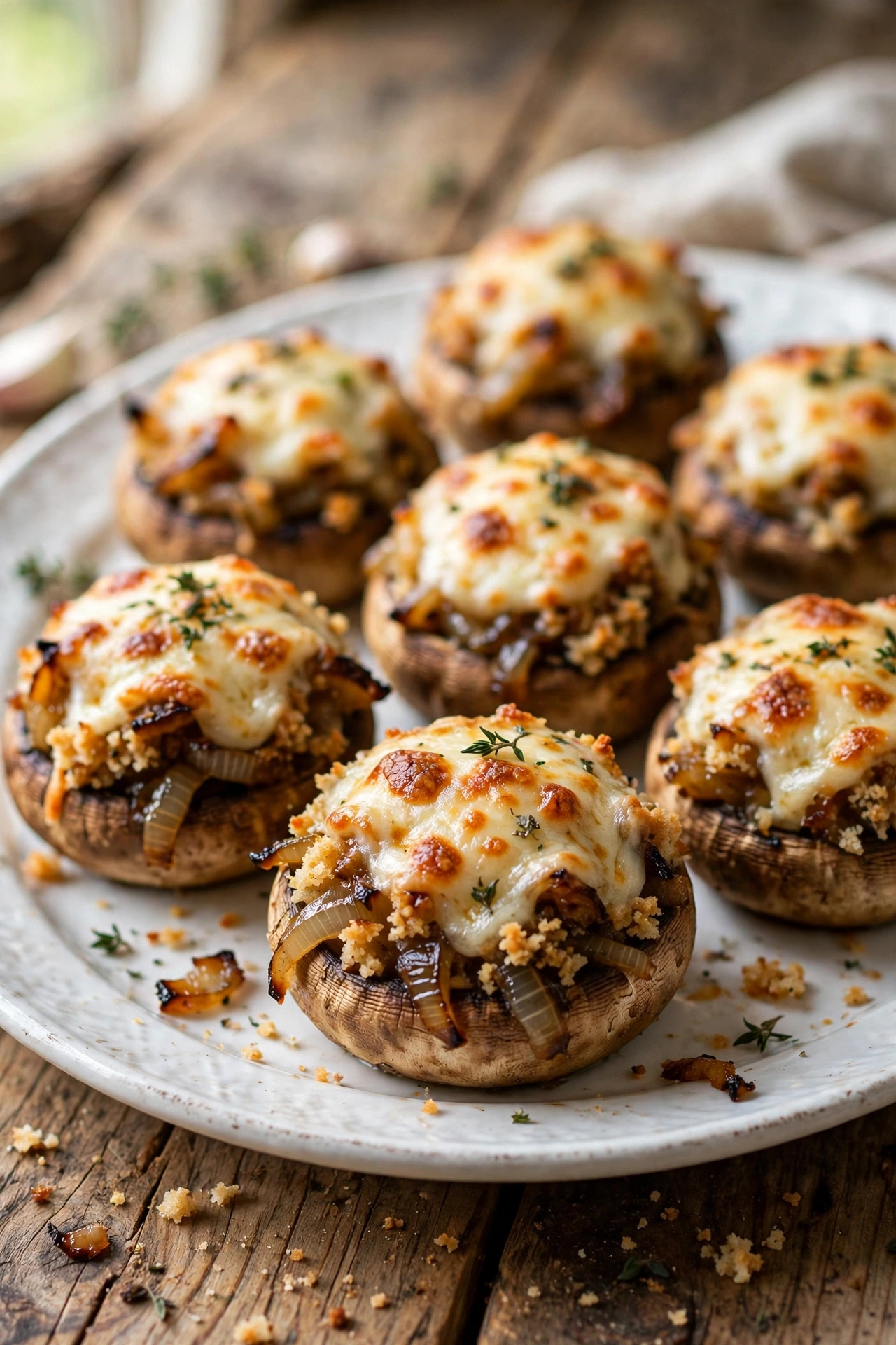 Close-up view of French onion stuffed mushrooms with savory onion filling and melted Gruyere caps