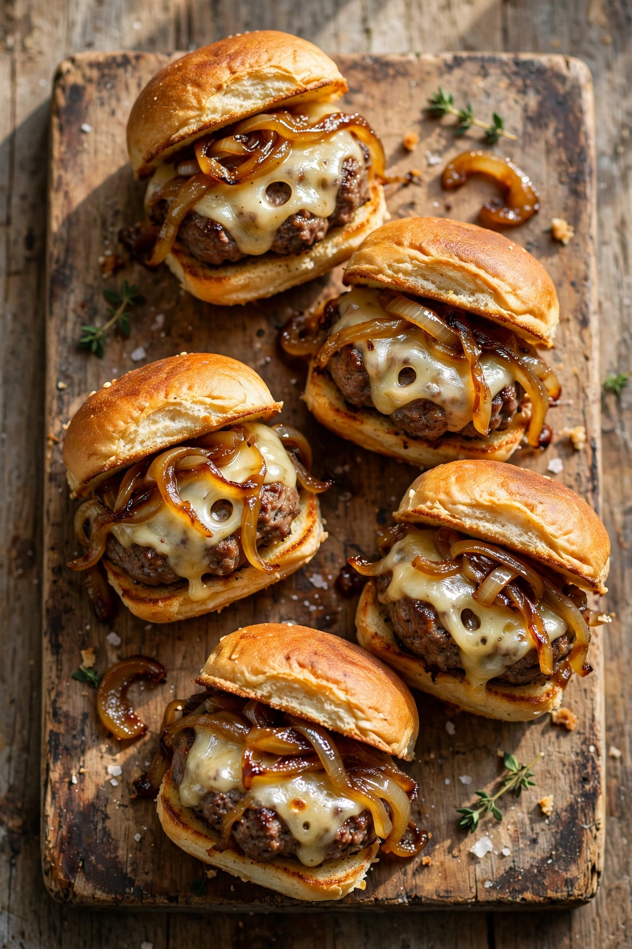 Side view of French onion beef sliders with caramelized onions and melted Swiss on soft buns