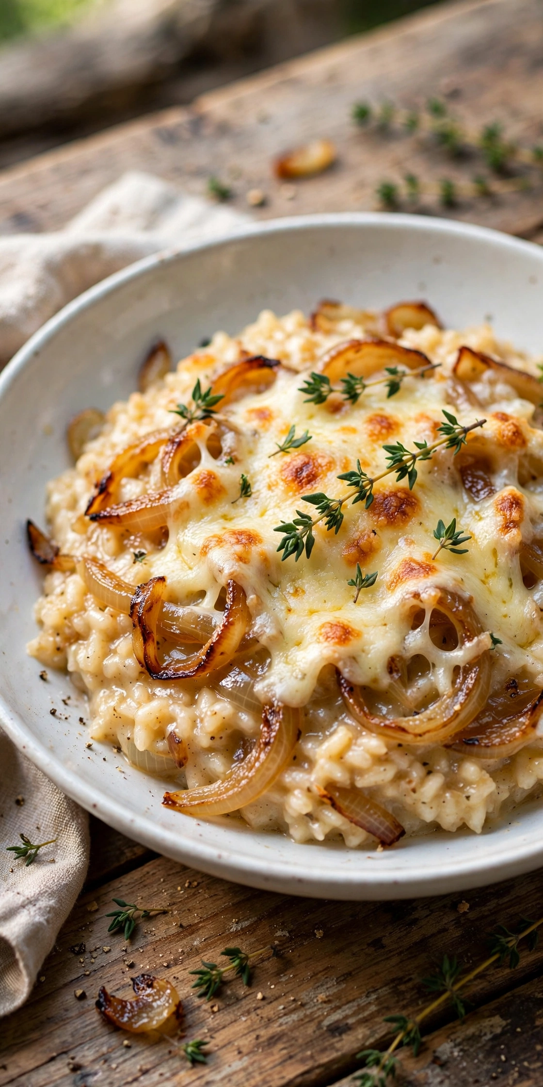 Overhead view of French onion risotto with creamy arborio rice, caramelized onions, and parmesan