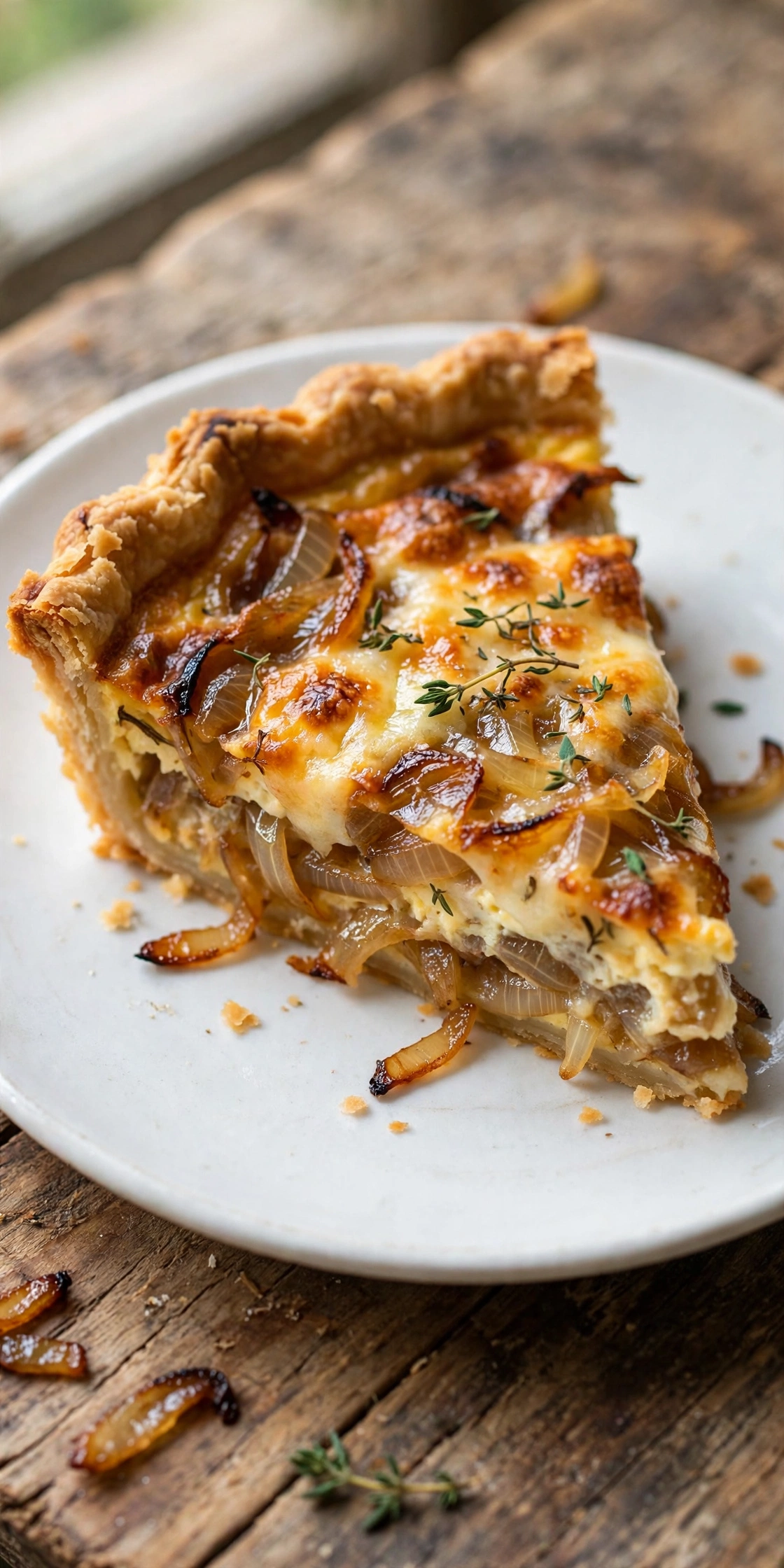 Side view of French onion quiche with savory custard, caramelized onions, and Gruyere in flaky crust