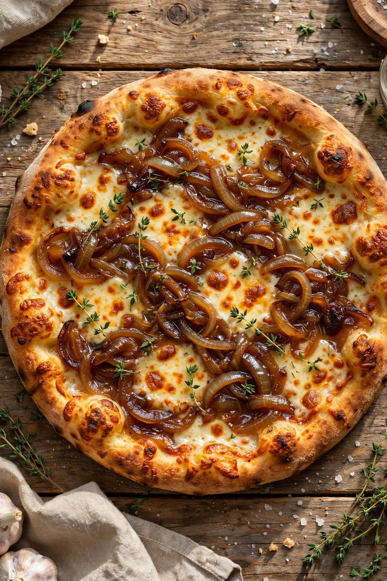 Overhead view of French onion pizza with caramelized onions, Gruyere, mozzarella, and thyme on golden crust