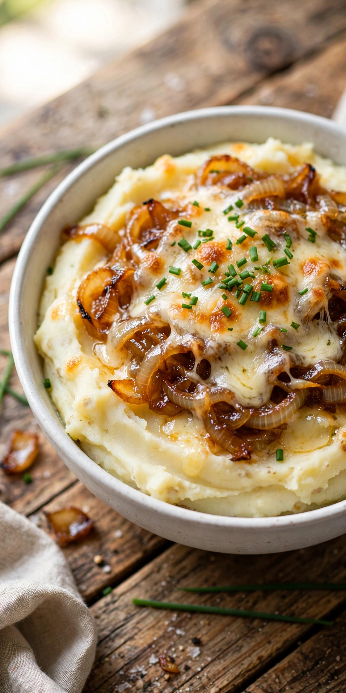 Close-up view of French onion mashed potatoes with caramelized onions swirled into creamy potatoes