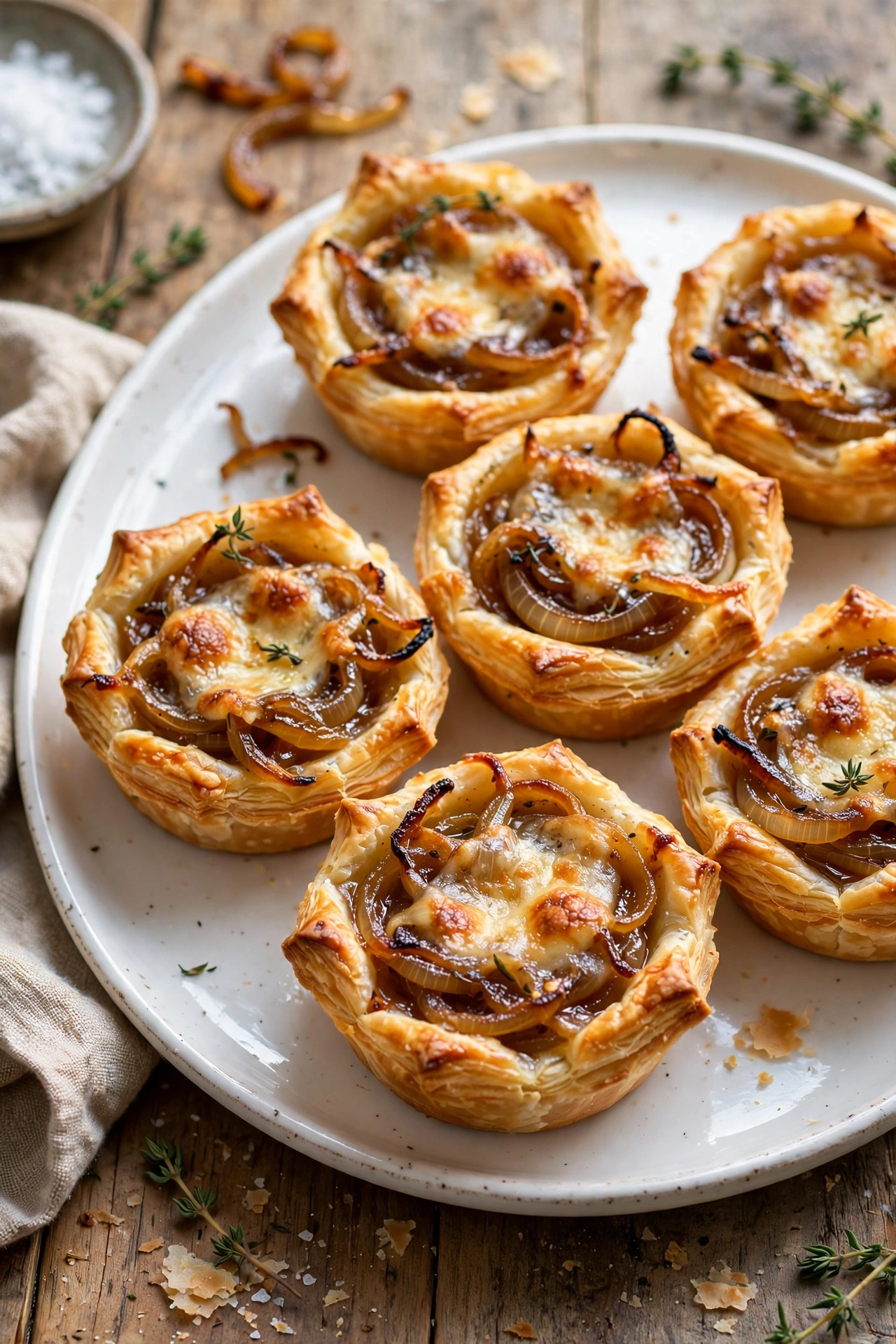 Overhead view of French onion tarts with caramelized onion filling in flaky pastry shells, garnished with thyme