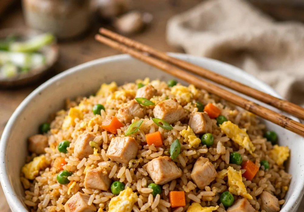Classic chicken fried rice with diced chicken, peas, carrots and scrambled egg in a white bowl, chopsticks on top