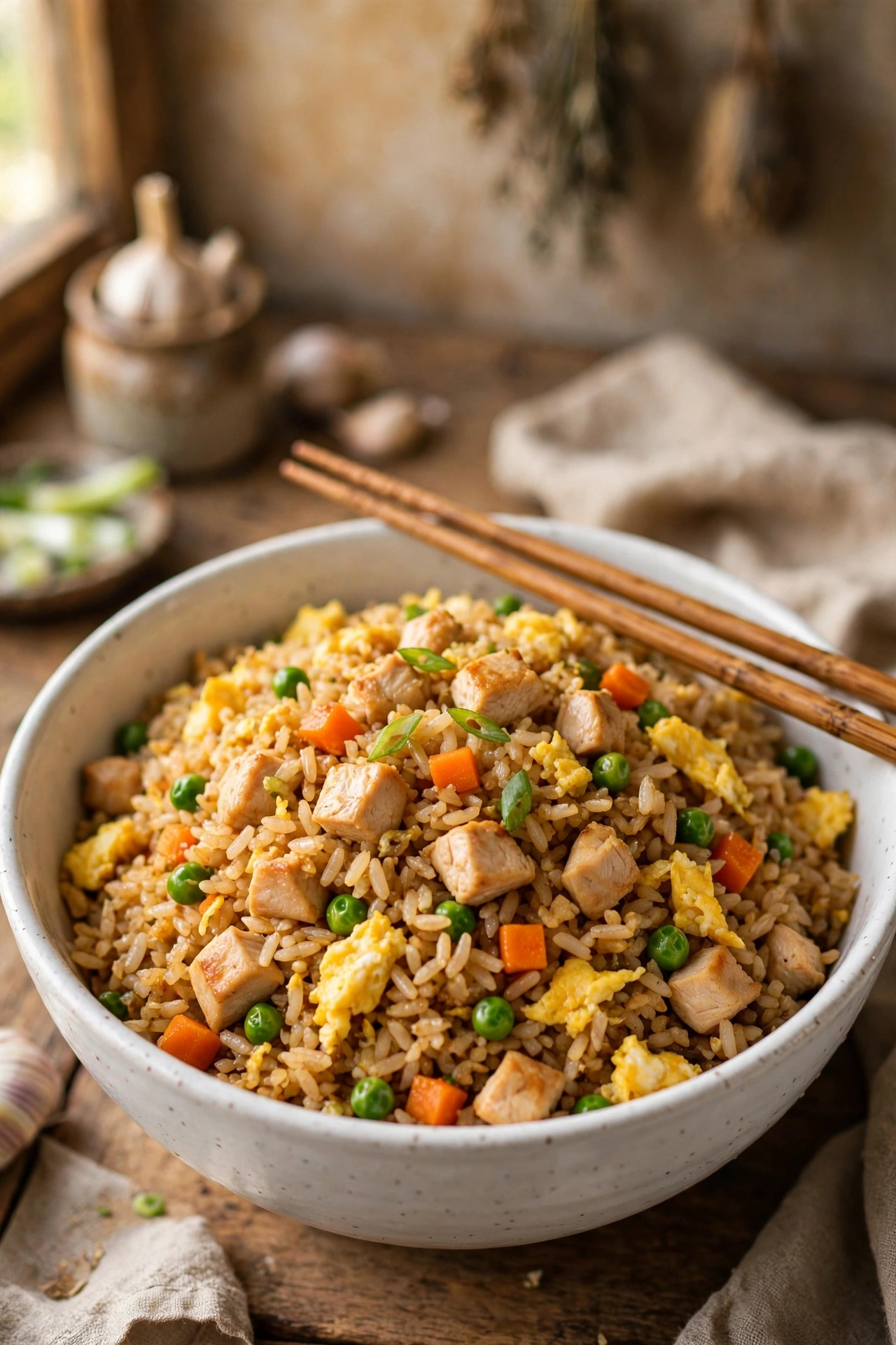 Classic chicken fried rice with diced chicken, peas, carrots and scrambled egg in a white bowl, chopsticks on top