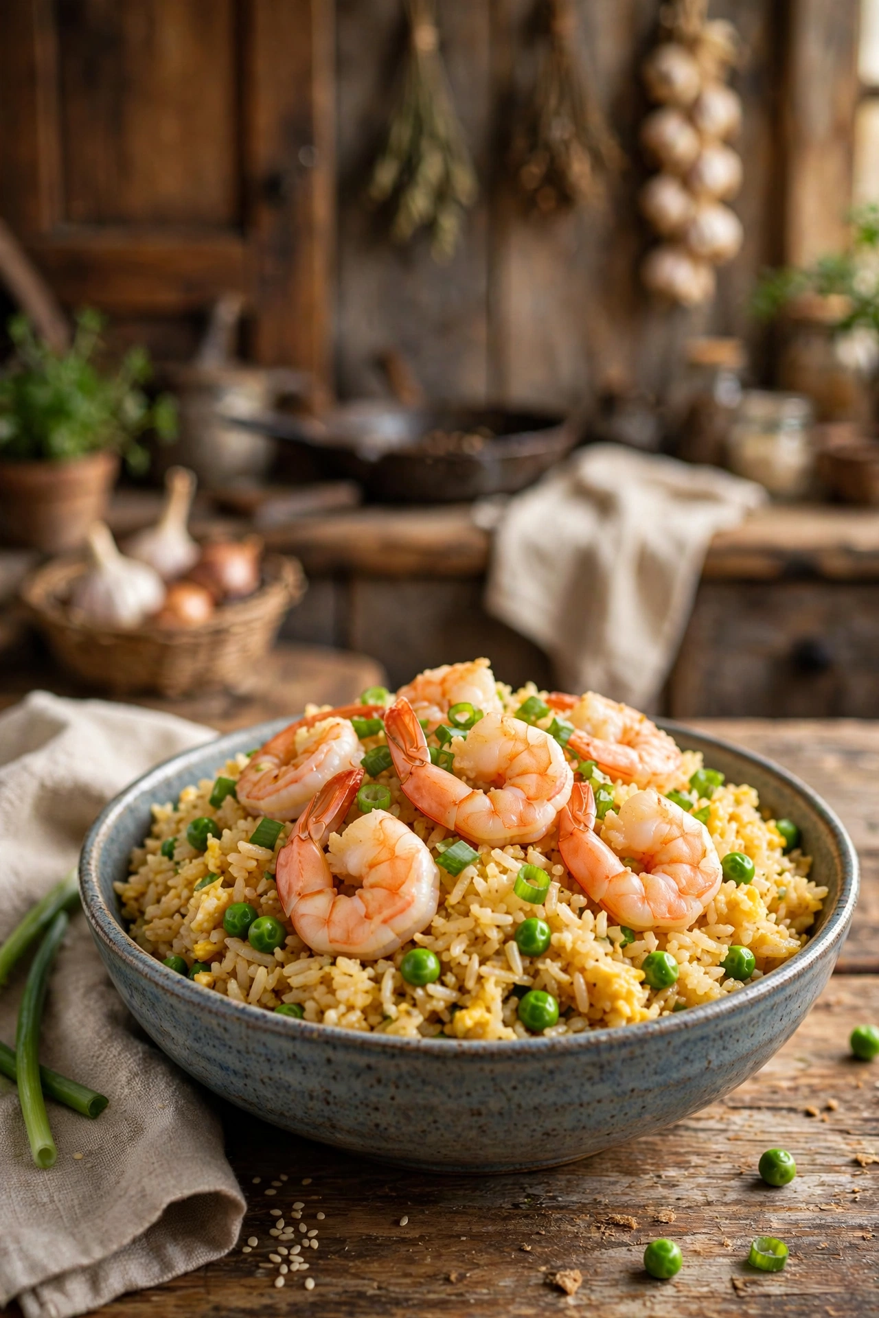 Shrimp fried rice with plump pink shrimp, peas and green onions over golden rice in a bowl