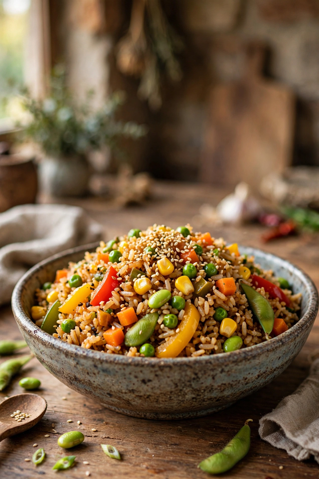 Colorful vegetable fried rice with bell peppers, corn, peas, carrots and edamame in a rustic bowl, sesame seeds