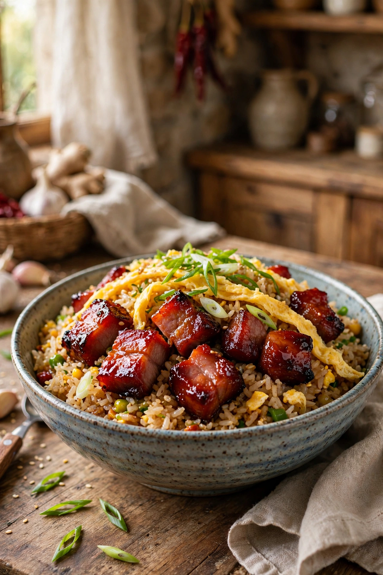 Char siu pork fried rice with glistening red roasted pork cubes, scallions and egg ribbons over rice