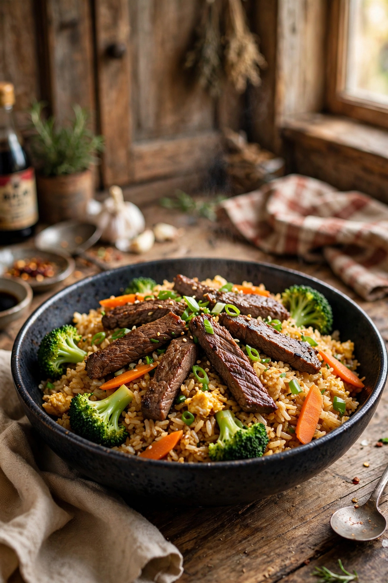 Beef fried rice with tender beef strips, broccoli florets and carrots over golden fried rice in a dark bowl