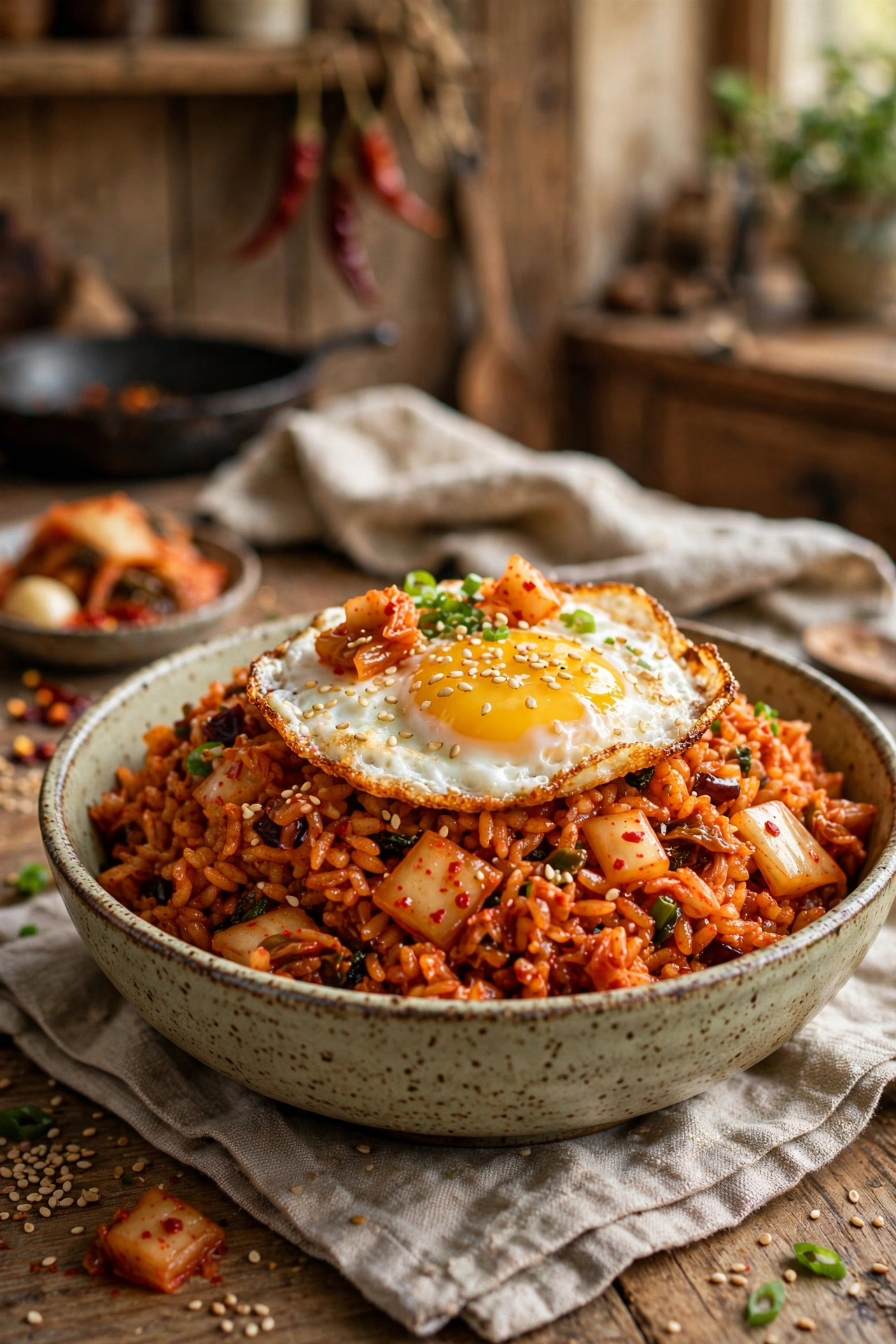 Kimchi fried rice with chopped kimchi and gochujang tinted red rice, fried egg and sesame seeds on top
