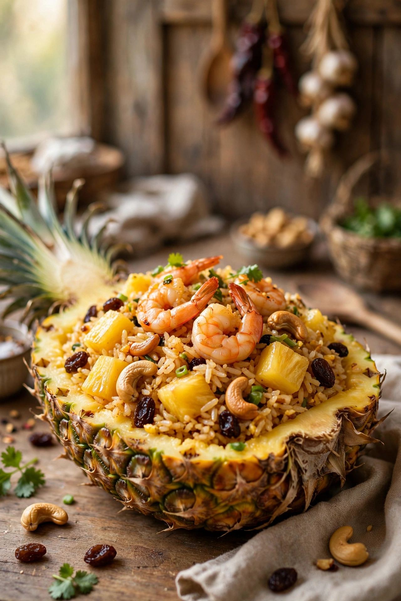 Pineapple fried rice with juicy pineapple chunks, cashews, raisins and shrimp served in a hollowed pineapple half