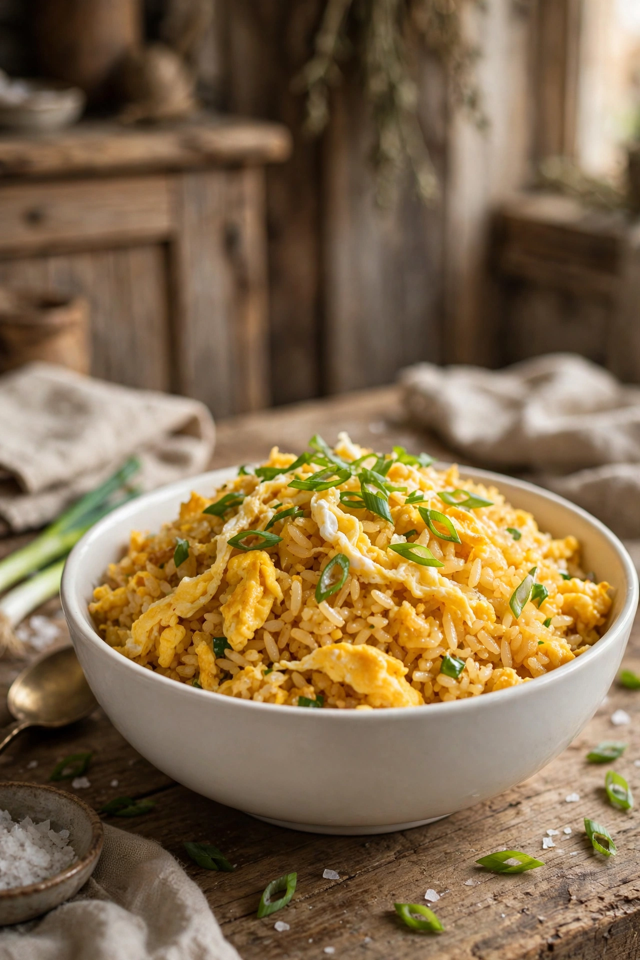Golden egg fried rice with fluffy scrambled egg ribbons and sliced scallions in a white bowl