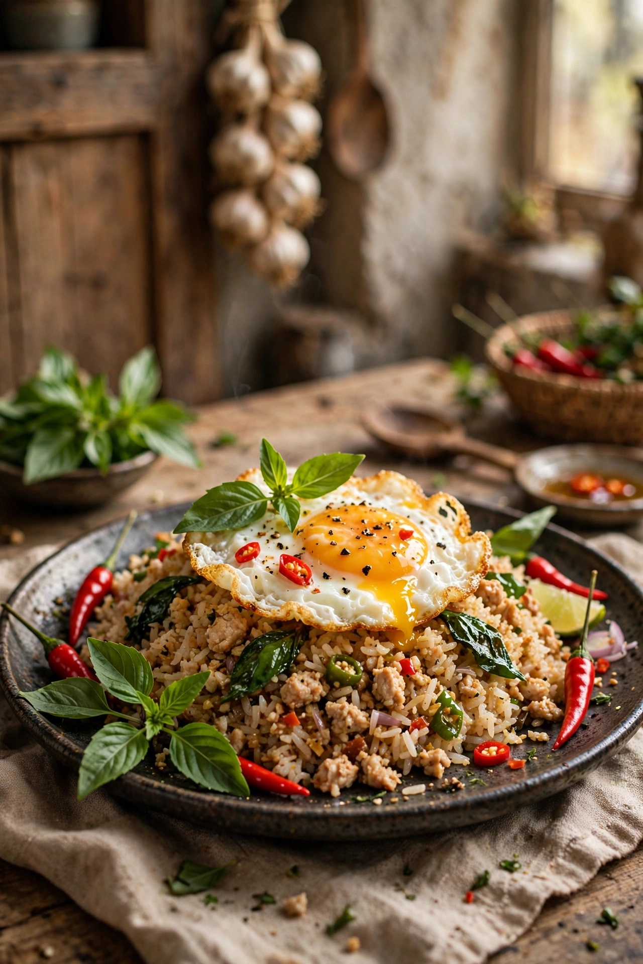 Thai basil fried rice with minced chicken, fresh Thai basil leaves and red chilies, fried egg on top