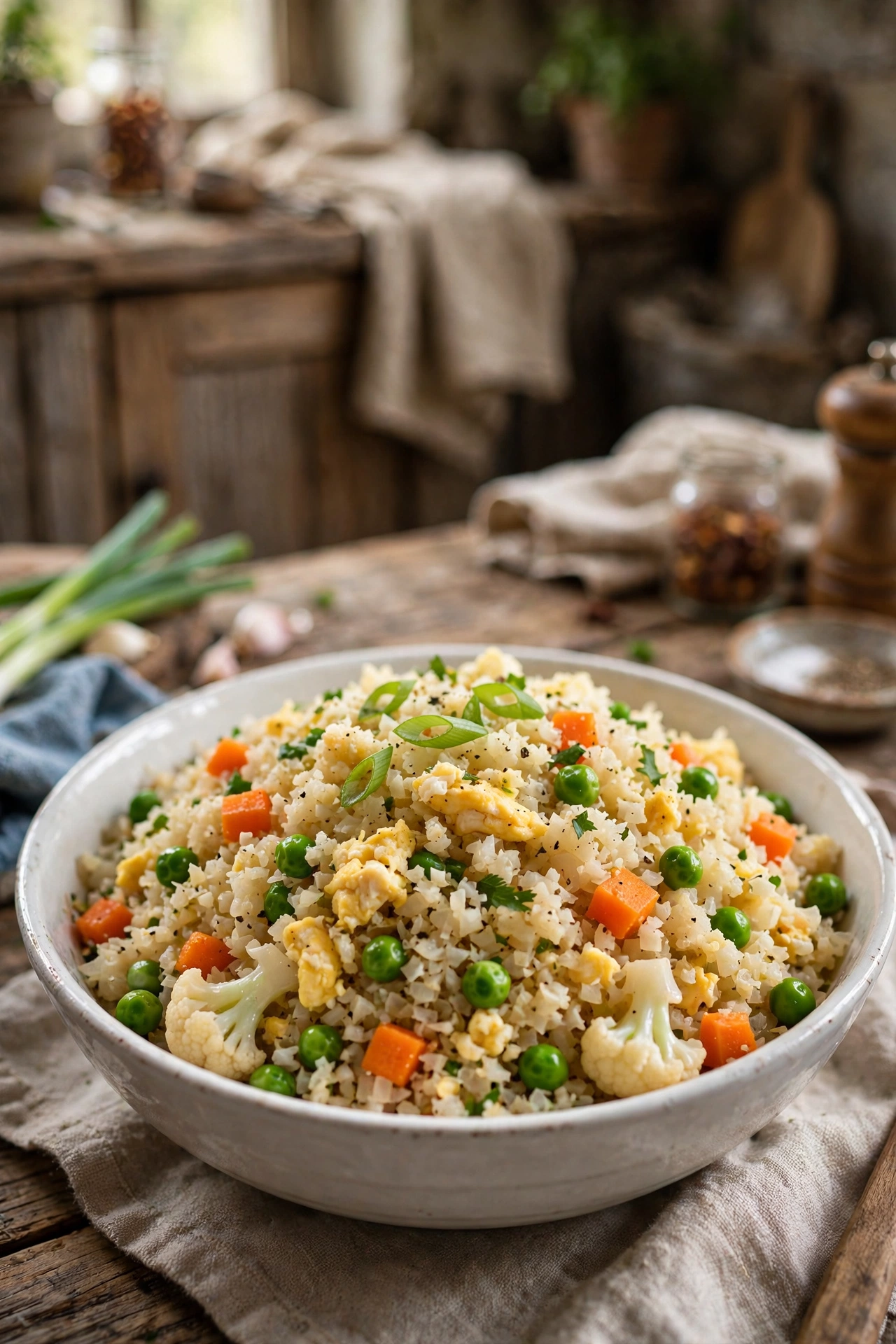 Cauliflower fried rice with riced cauliflower, peas, carrots and egg in a white bowl, low carb styling