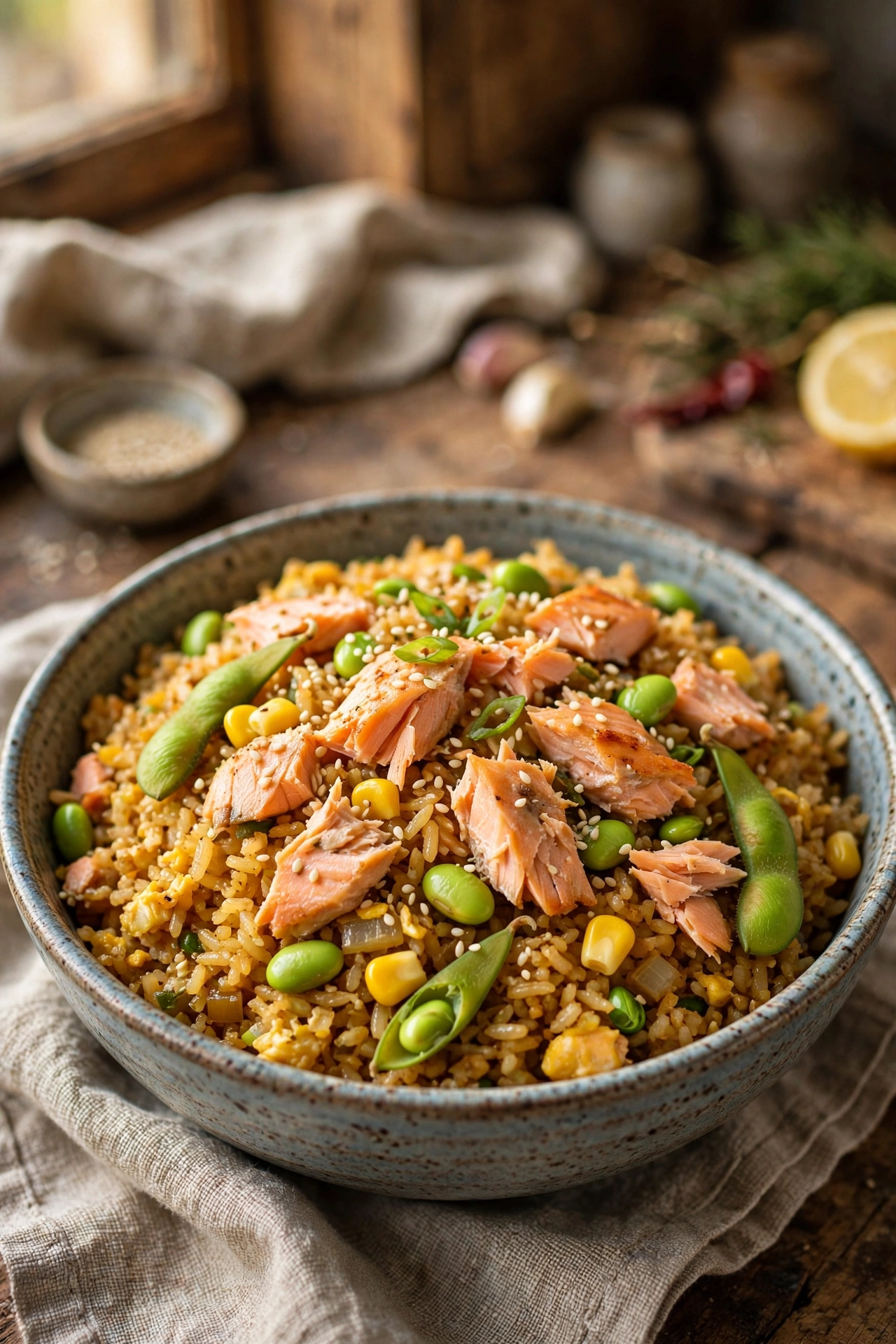 Salmon fried rice with flaked salmon pieces, edamame and corn over golden rice in a bowl, sesame seeds