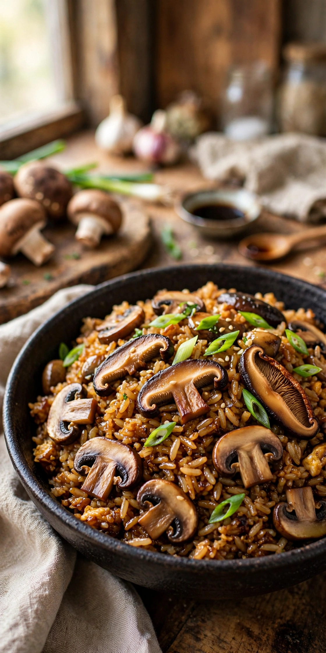 Mushroom fried rice with sliced shiitake and cremini mushrooms, scallions and soy glaze over rice in a dark bowl