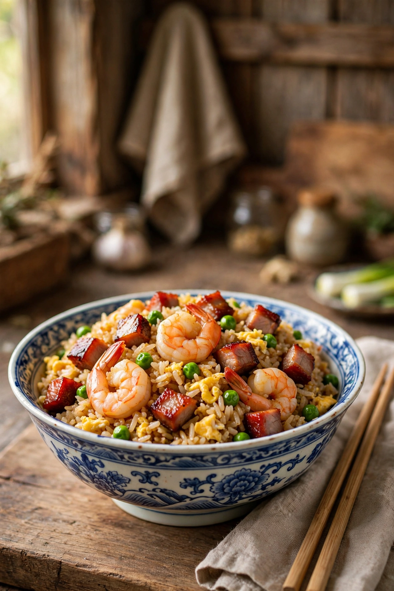 Yangzhou fried rice with shrimp, char siu pork cubes, peas and egg in a traditional Chinese bowl, chopsticks