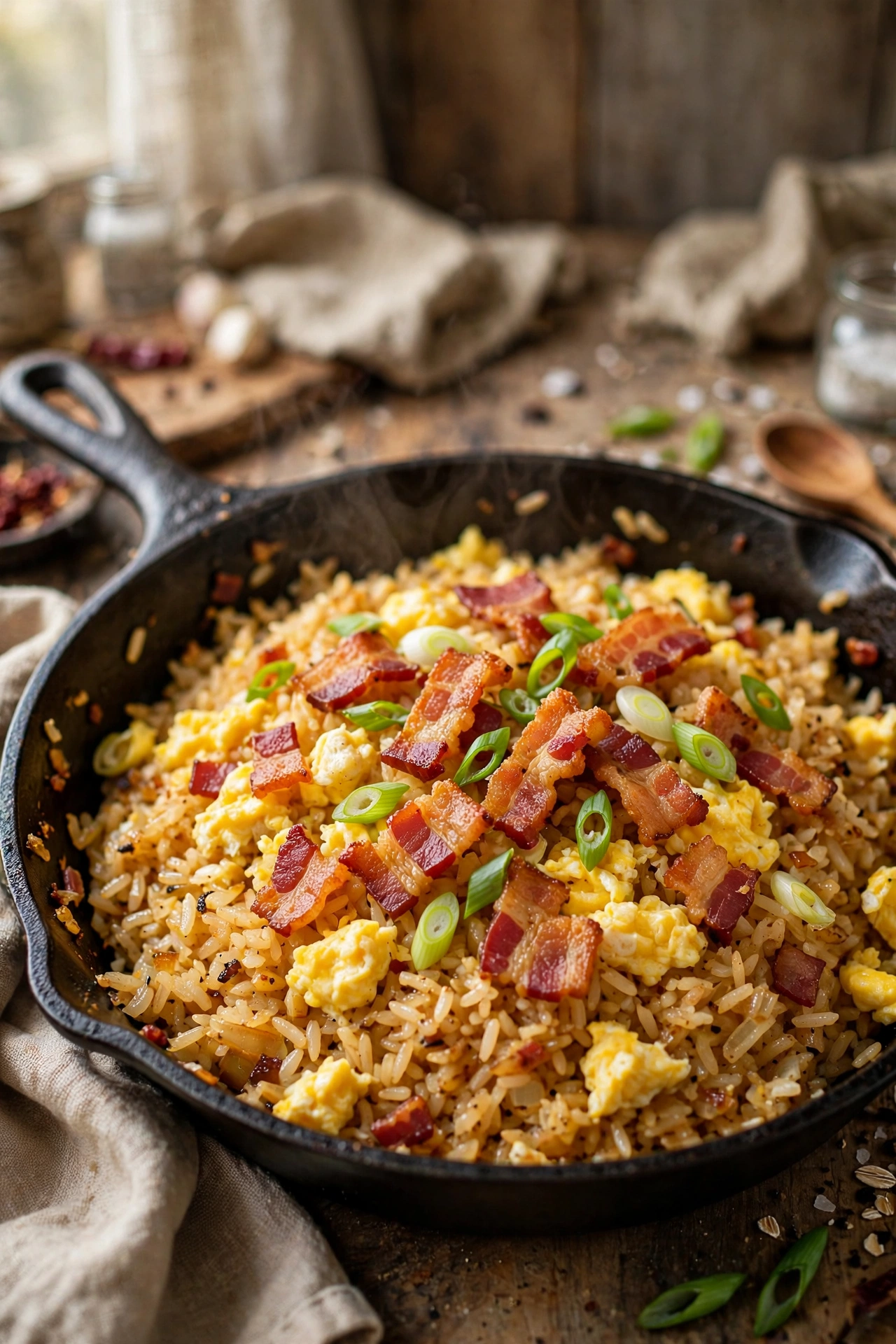 Breakfast fried rice with crispy bacon, scrambled eggs and scallions over golden rice in a skillet