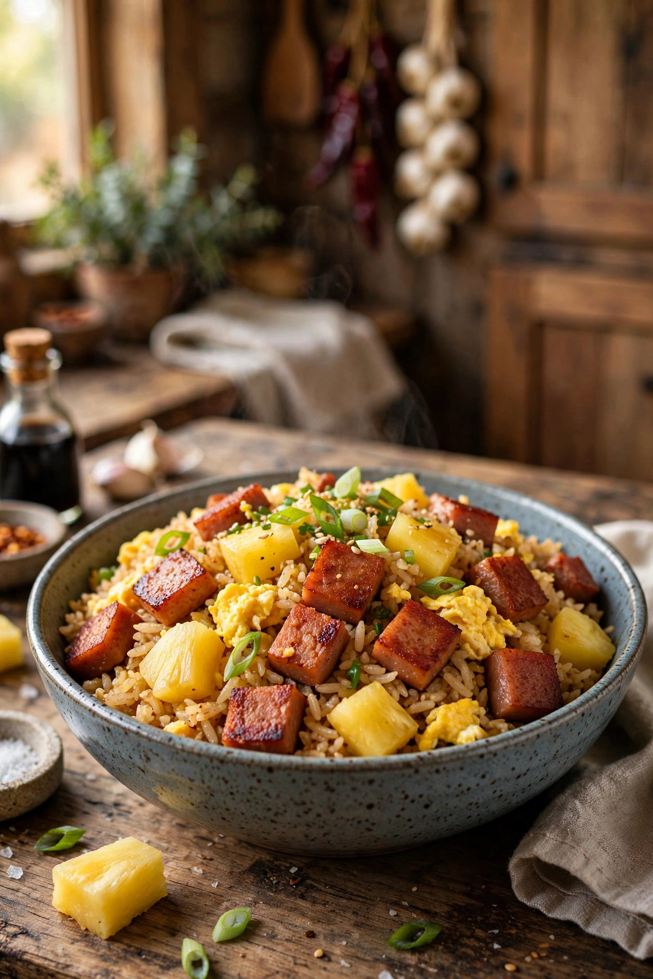 Hawaiian spam fried rice with seared spam cubes, pineapple chunks, egg and green onions over rice