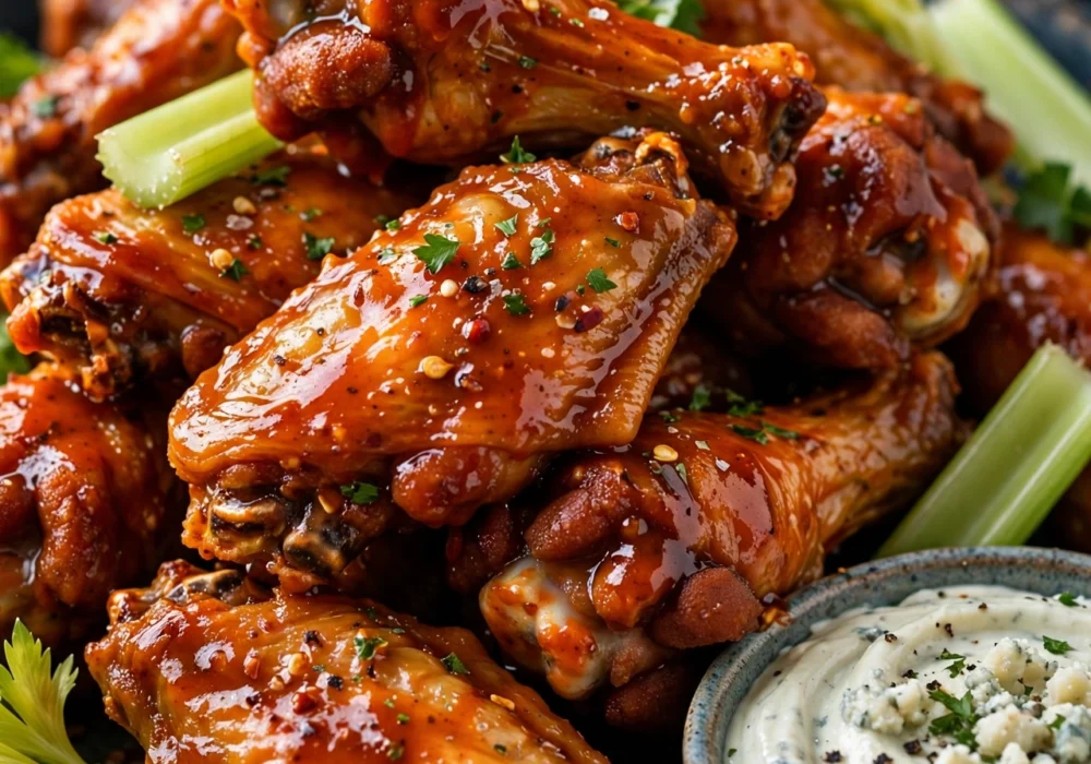 Game day wings saucy piled with celery and dip