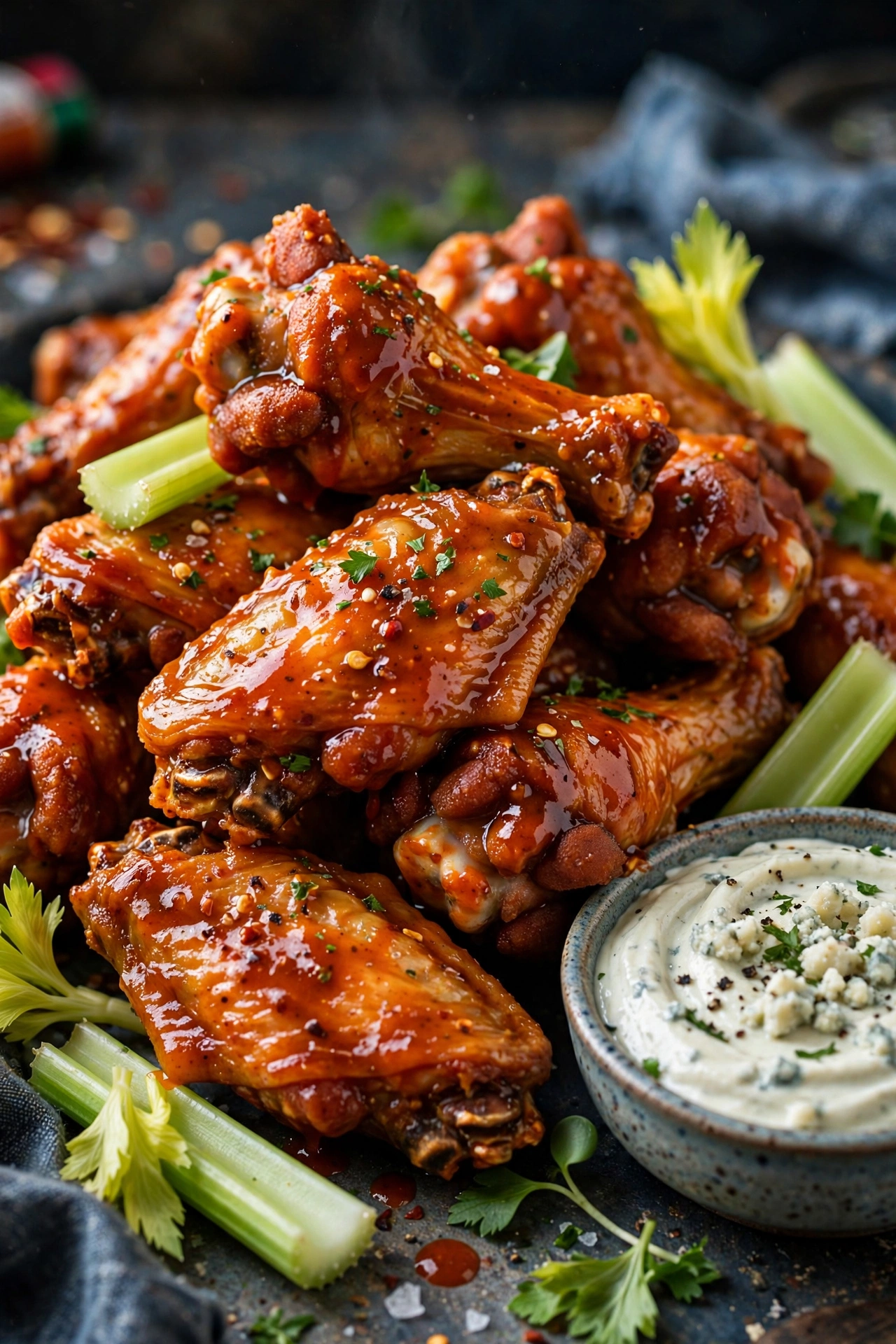Game day wings saucy piled with celery and dip