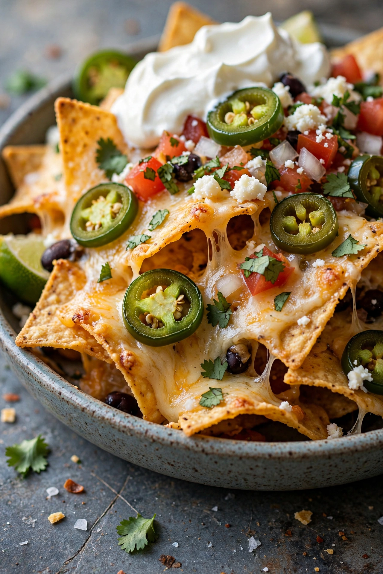 Loaded nachos with cheese jalapenos and sour cream