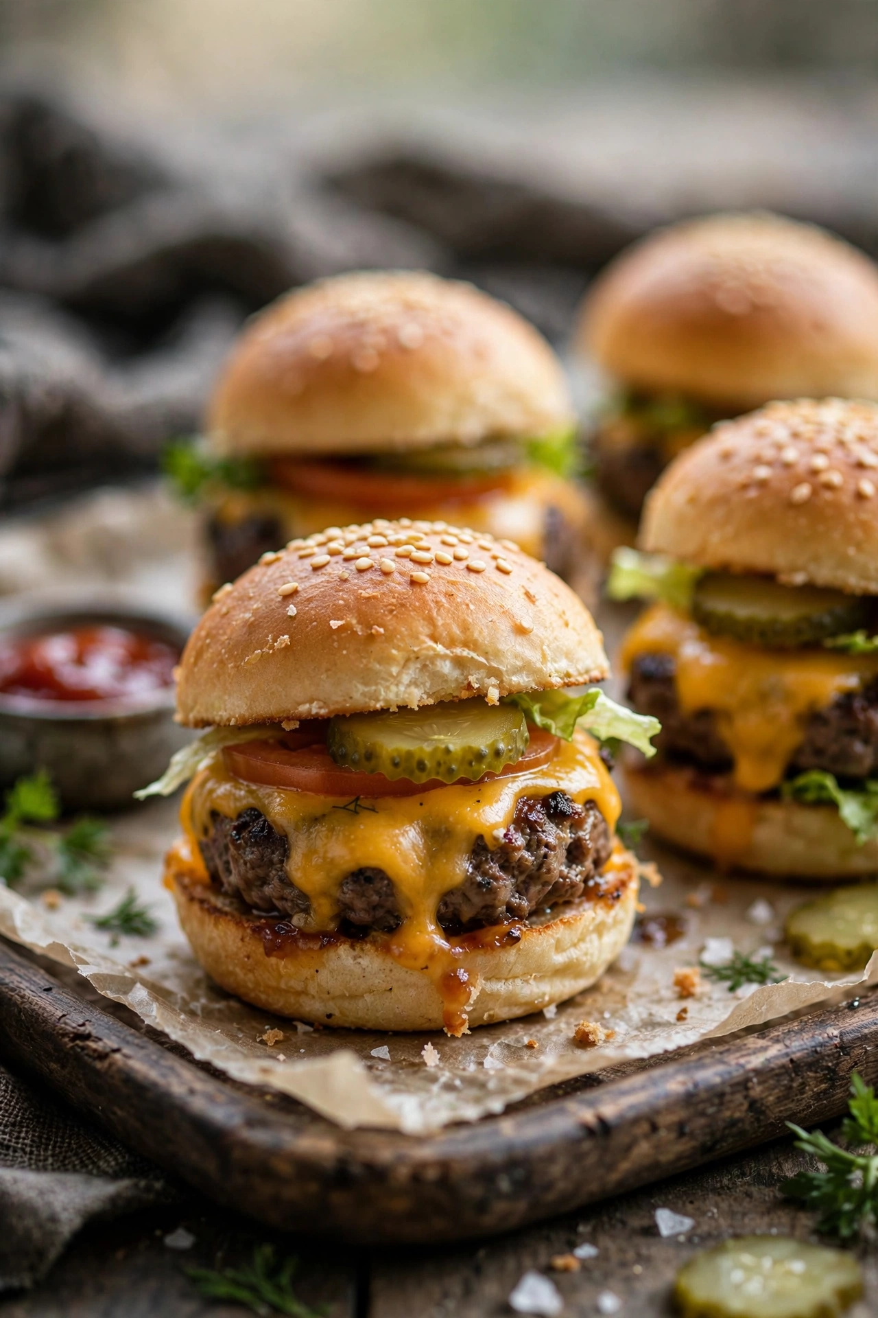 Mini sliders cheeseburgers on a tray