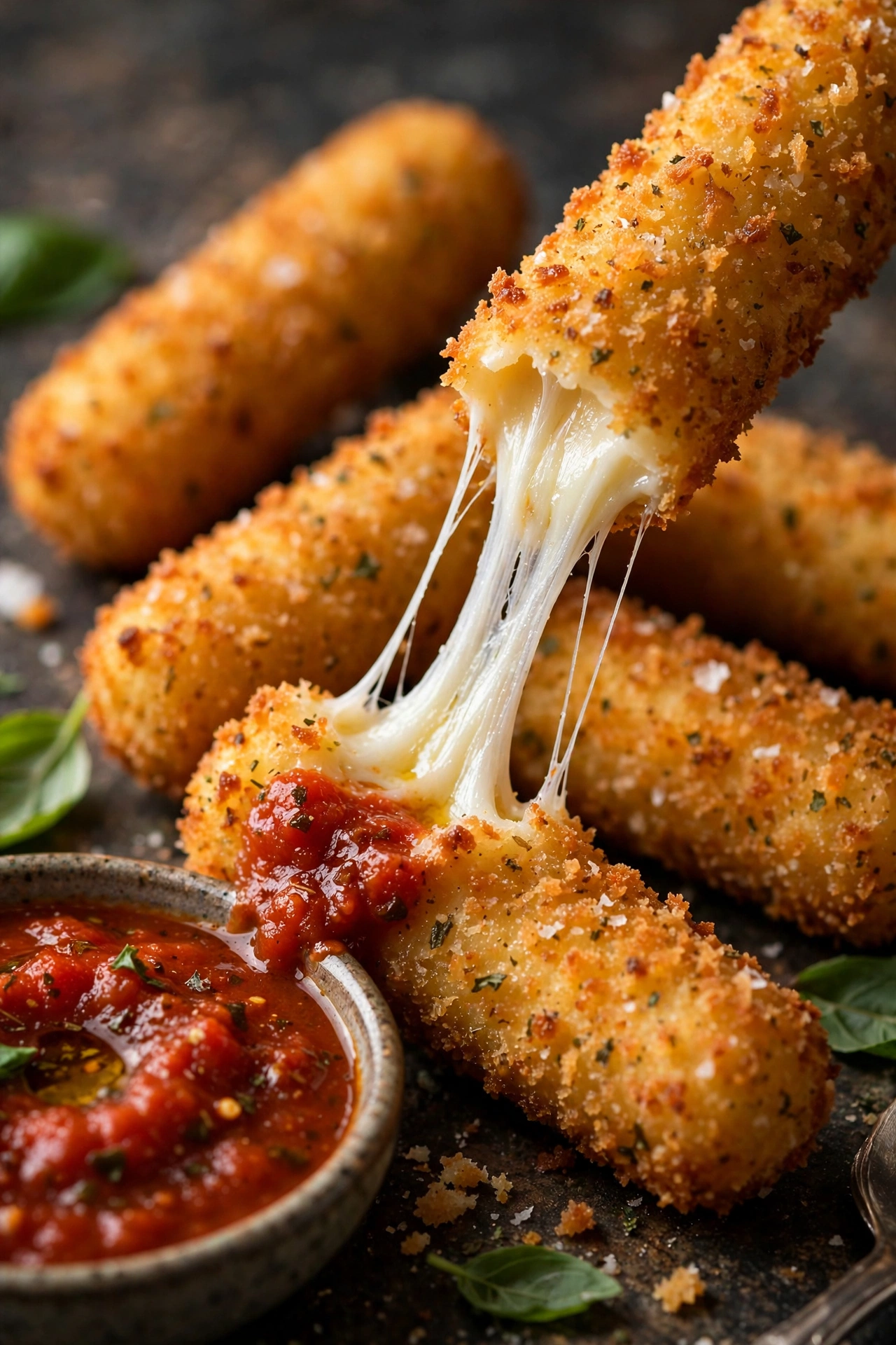 Mozzarella sticks golden with marinara and cheese pull