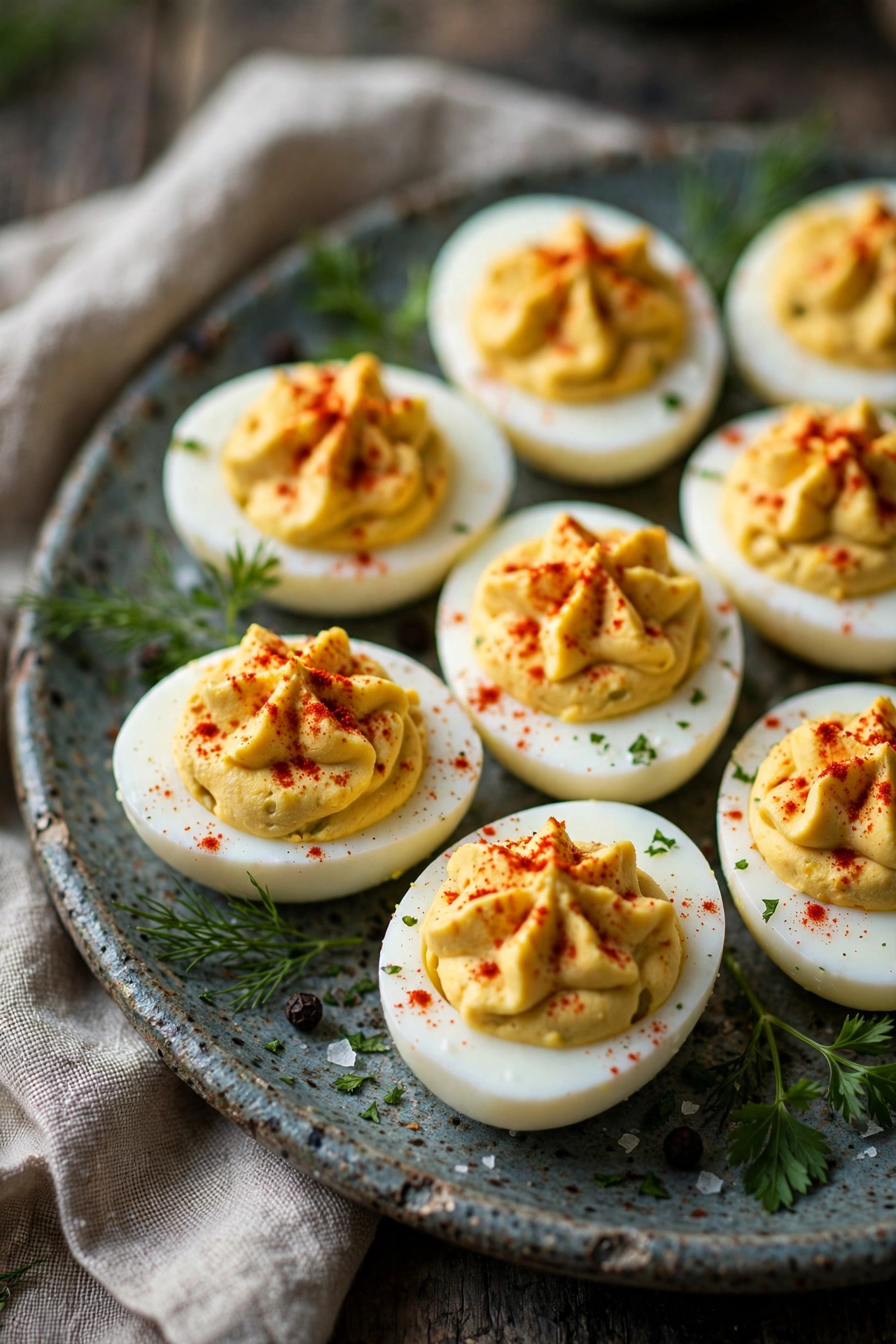 Deviled eggs with paprika on a platter