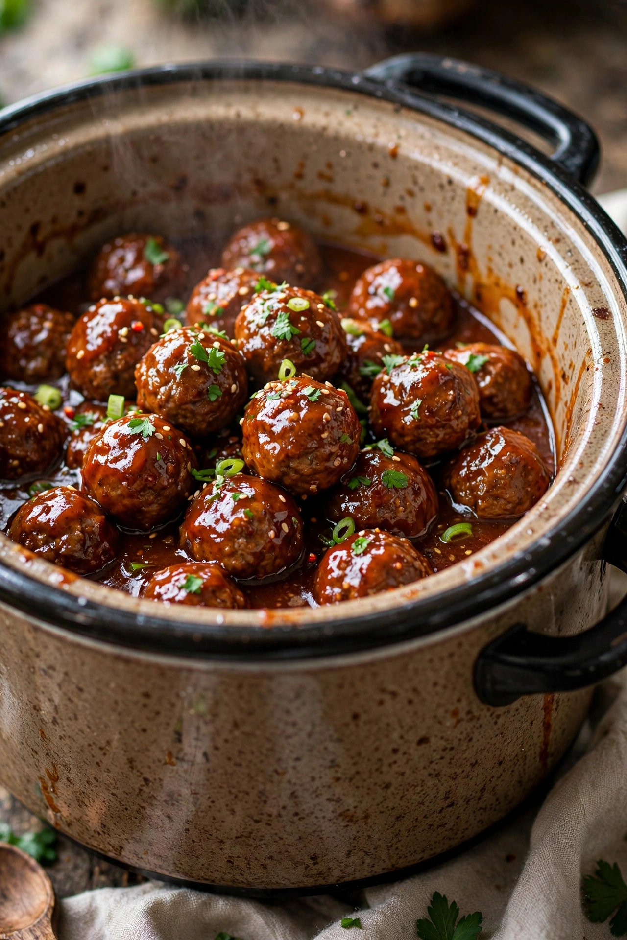 Cocktail meatballs glazed in a slow cooker
