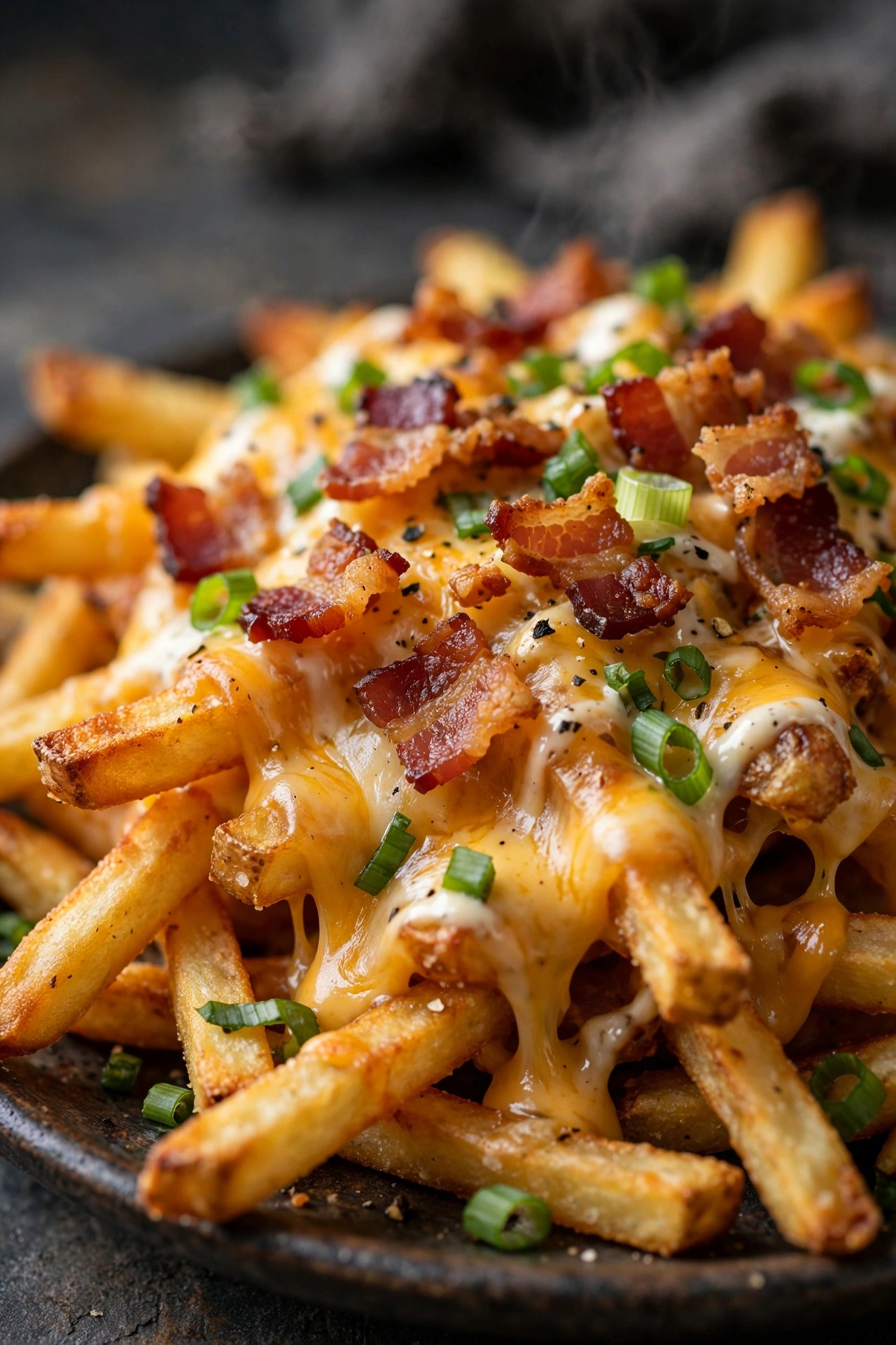 Loaded fries with cheese bacon and green onions