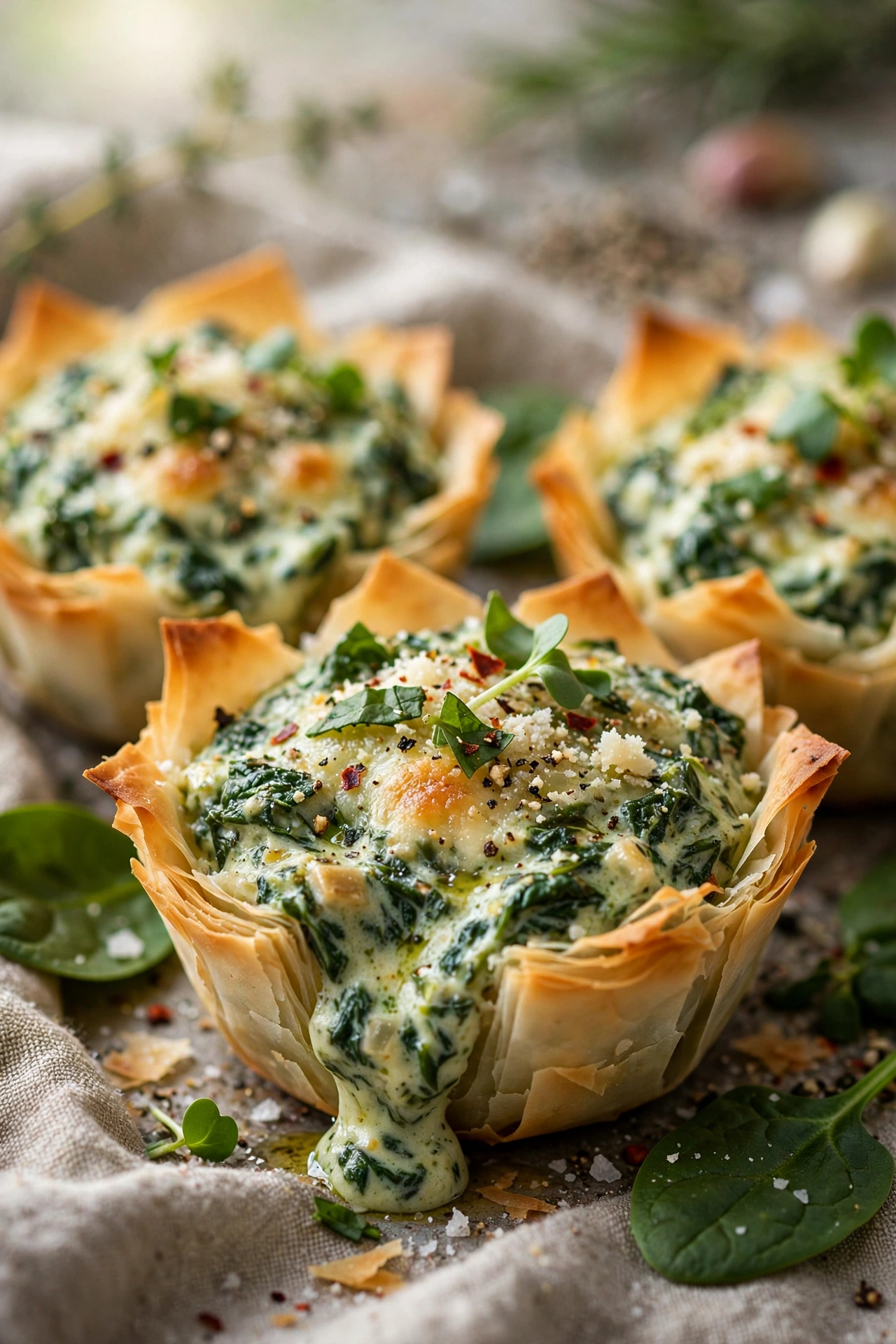 Spinach dip bites in phyllo cups