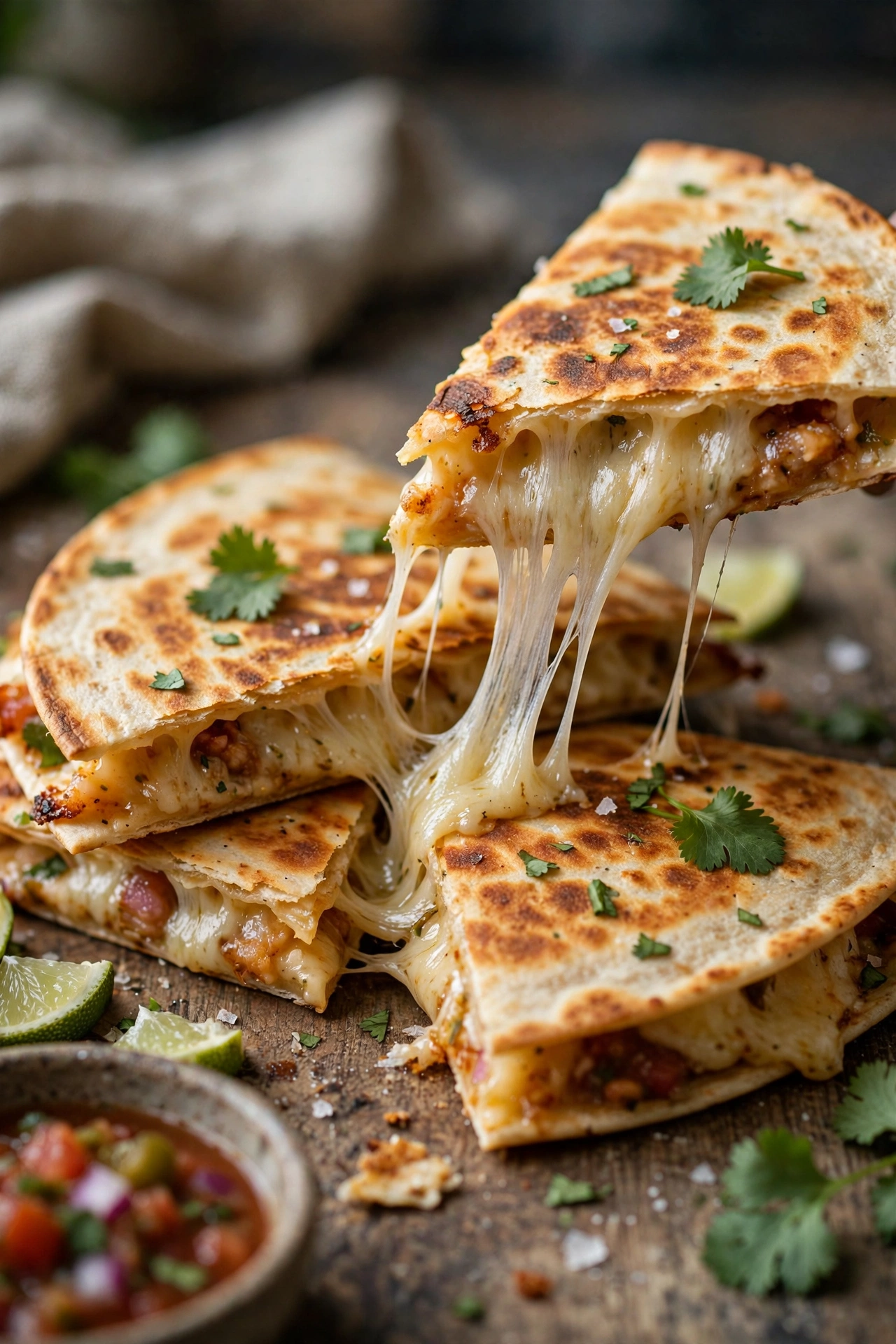 Quesadillas triangles with cheese pull