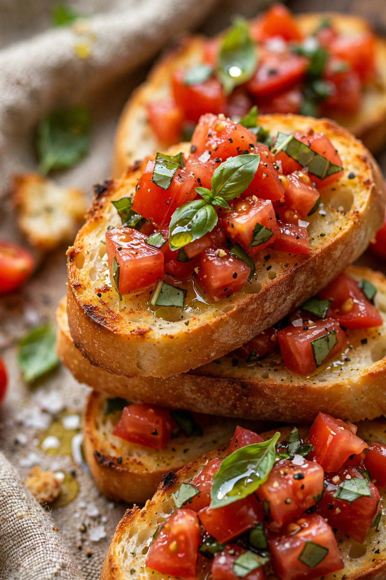 Bruschetta with tomato basil on toasted baguette