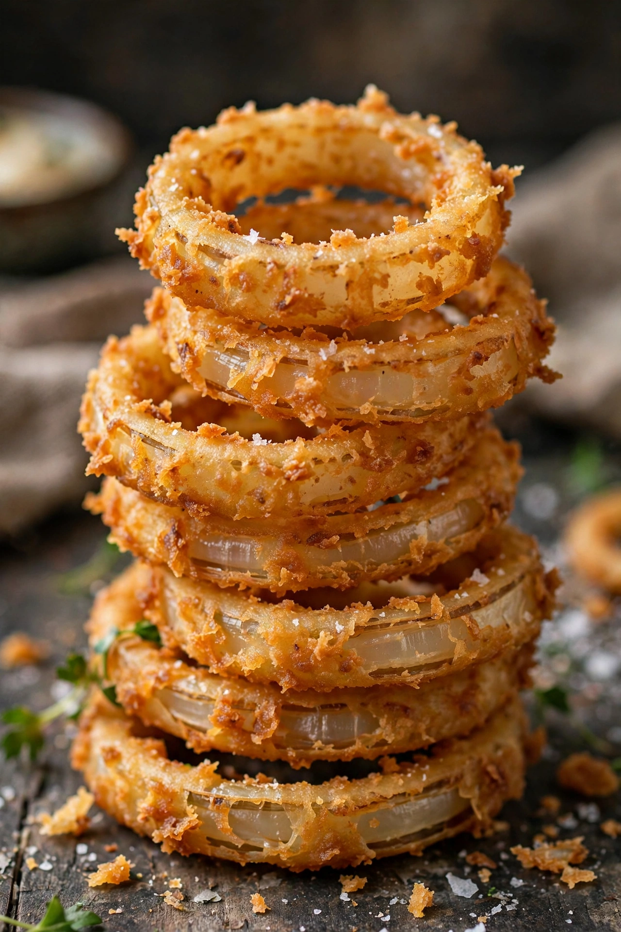 Onion rings crispy golden stacked