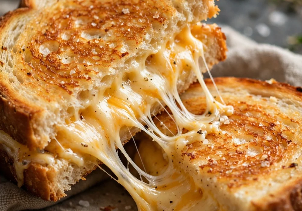 Classic grilled cheese sandwich cut diagonally with cheese pull